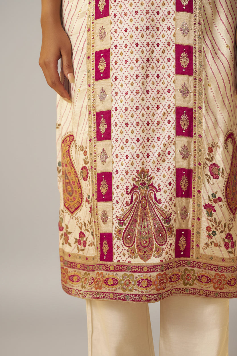 Rose-tinted Cream Position Print Viscose Jacquard Kurta Set