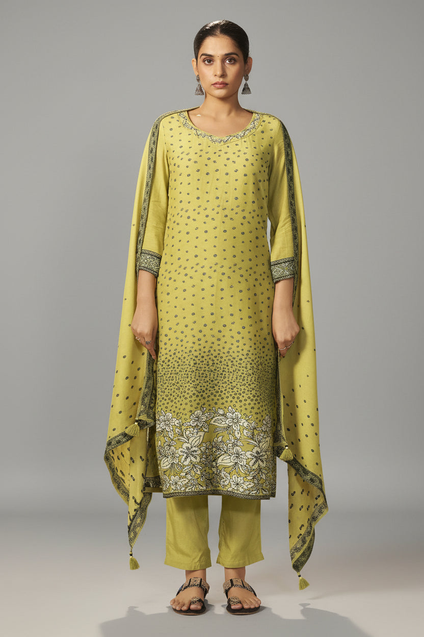 Olive Yellow Muslin Black Jacquard Kurta Set