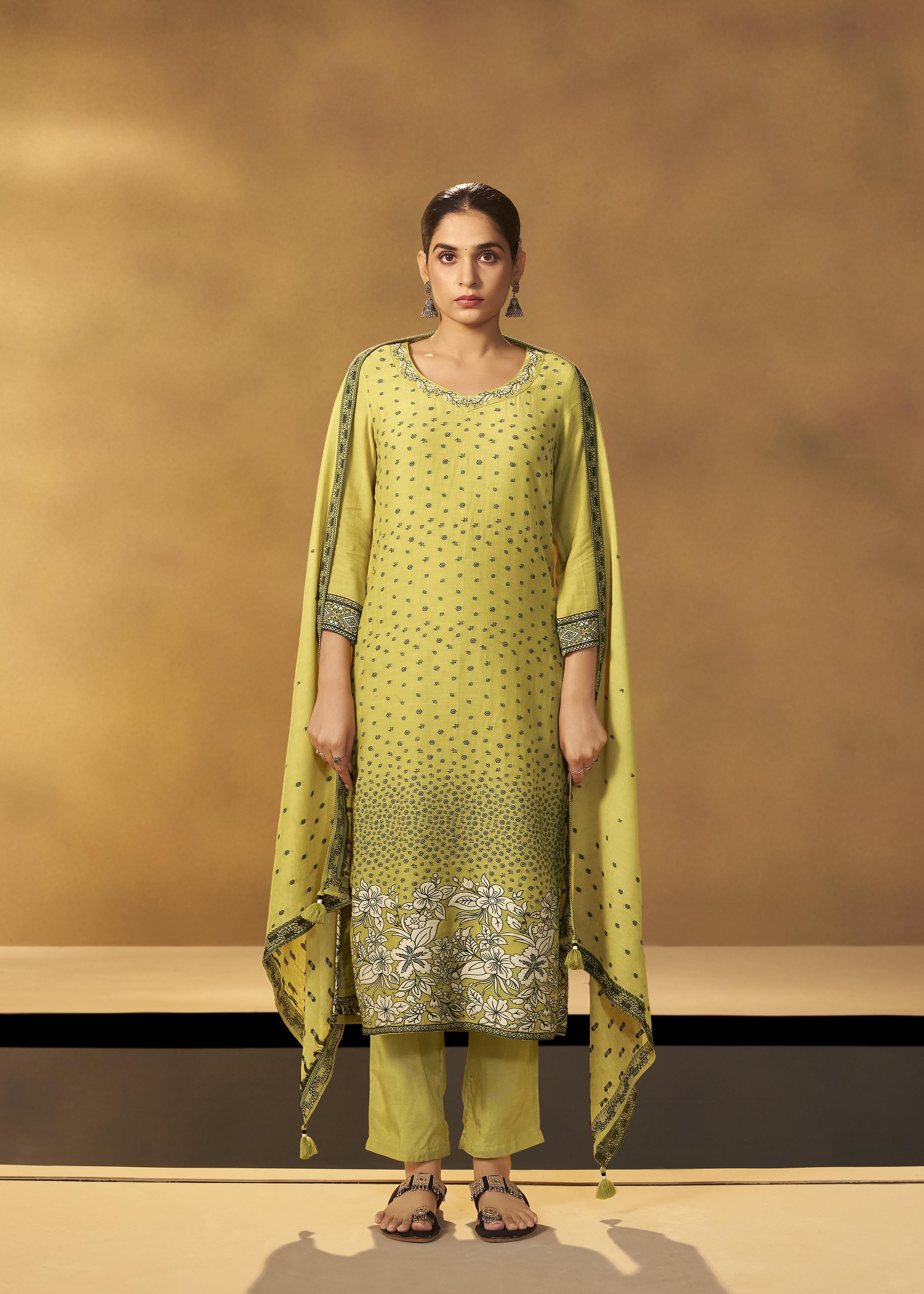 Olive Yellow Muslin Black Jacquard Kurta Set