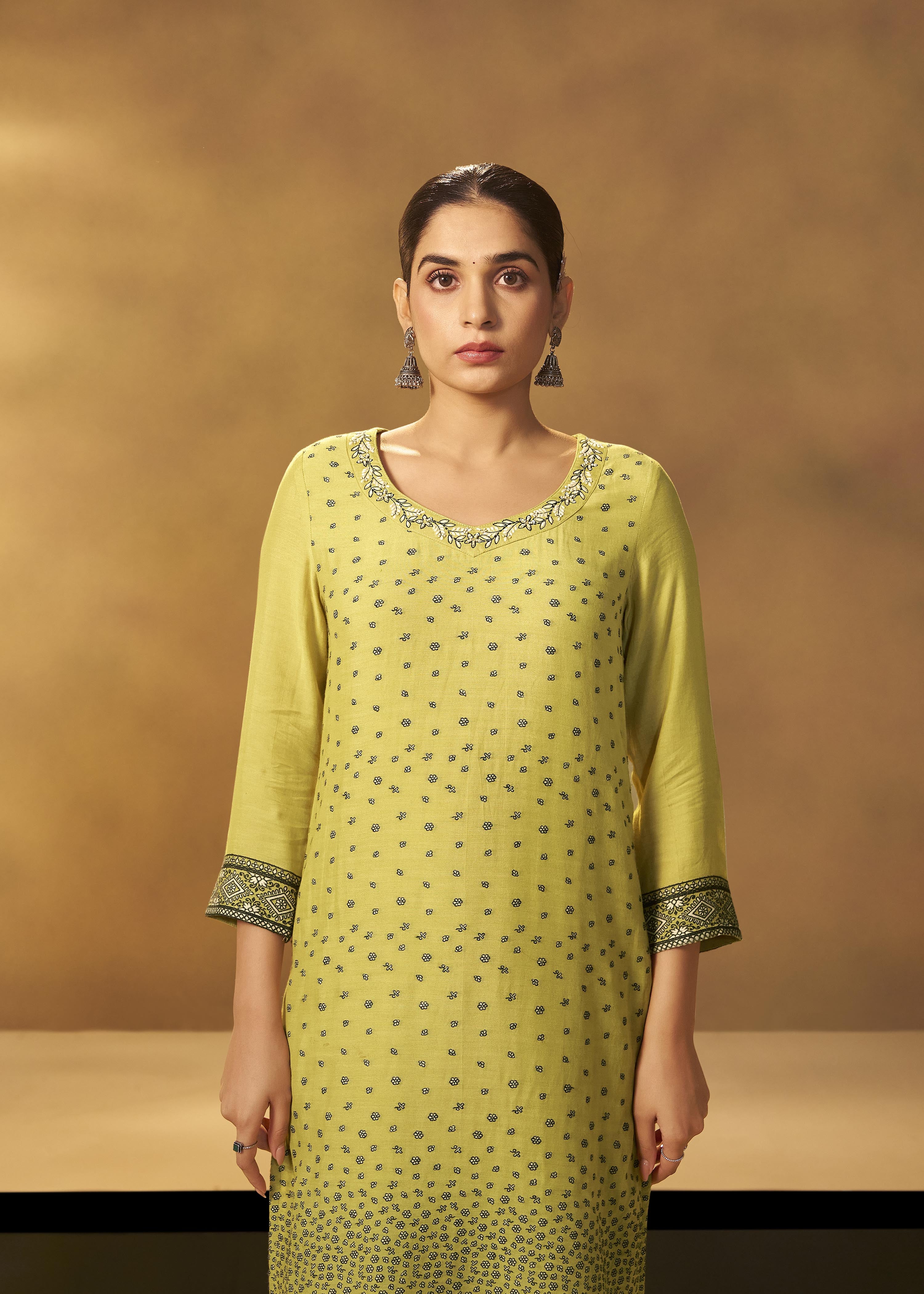 Olive Yellow Muslin Black Jacquard Kurta Set