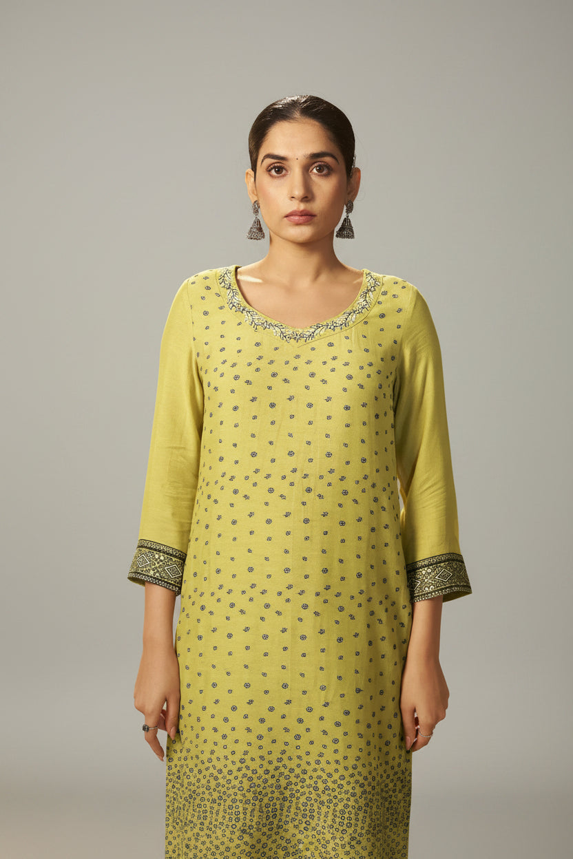 Olive Yellow Muslin Black Jacquard Kurta Set