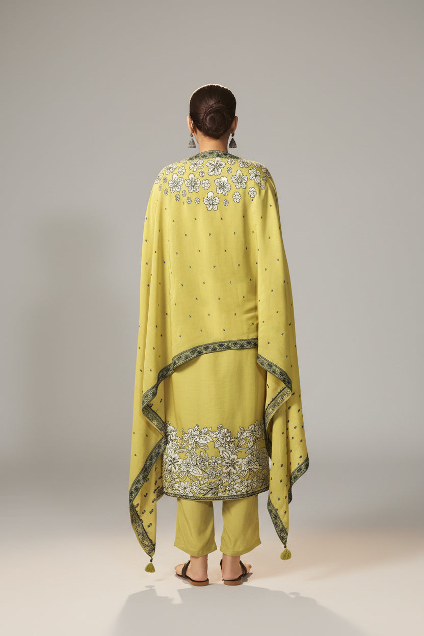Olive Yellow Muslin Black Jacquard Kurta Set
