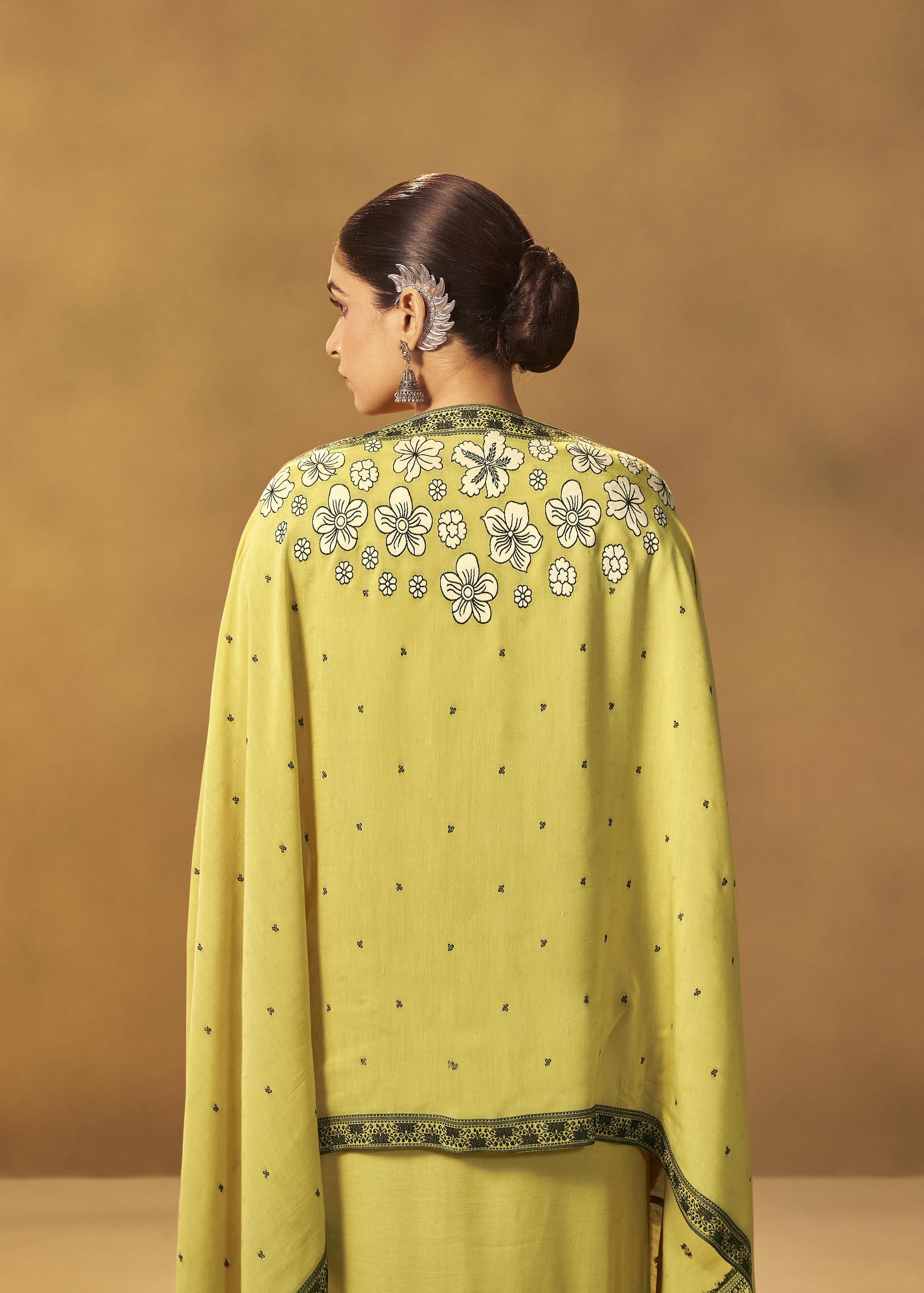 Olive Yellow Muslin Black Jacquard Kurta Set