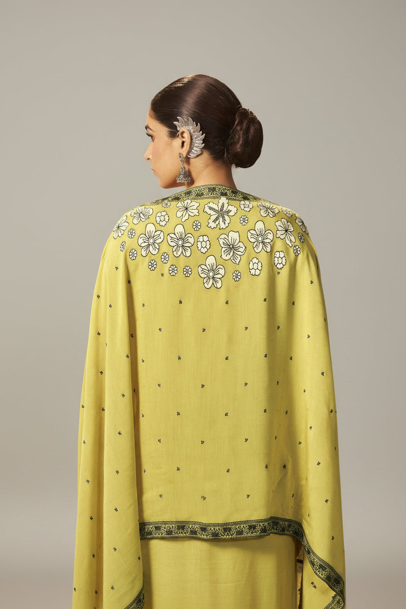 Olive Yellow Muslin Black Jacquard Kurta Set