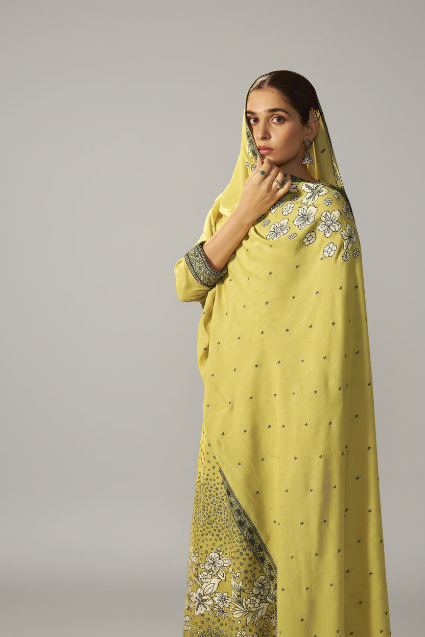 Olive Yellow Muslin Black Jacquard Kurta Set