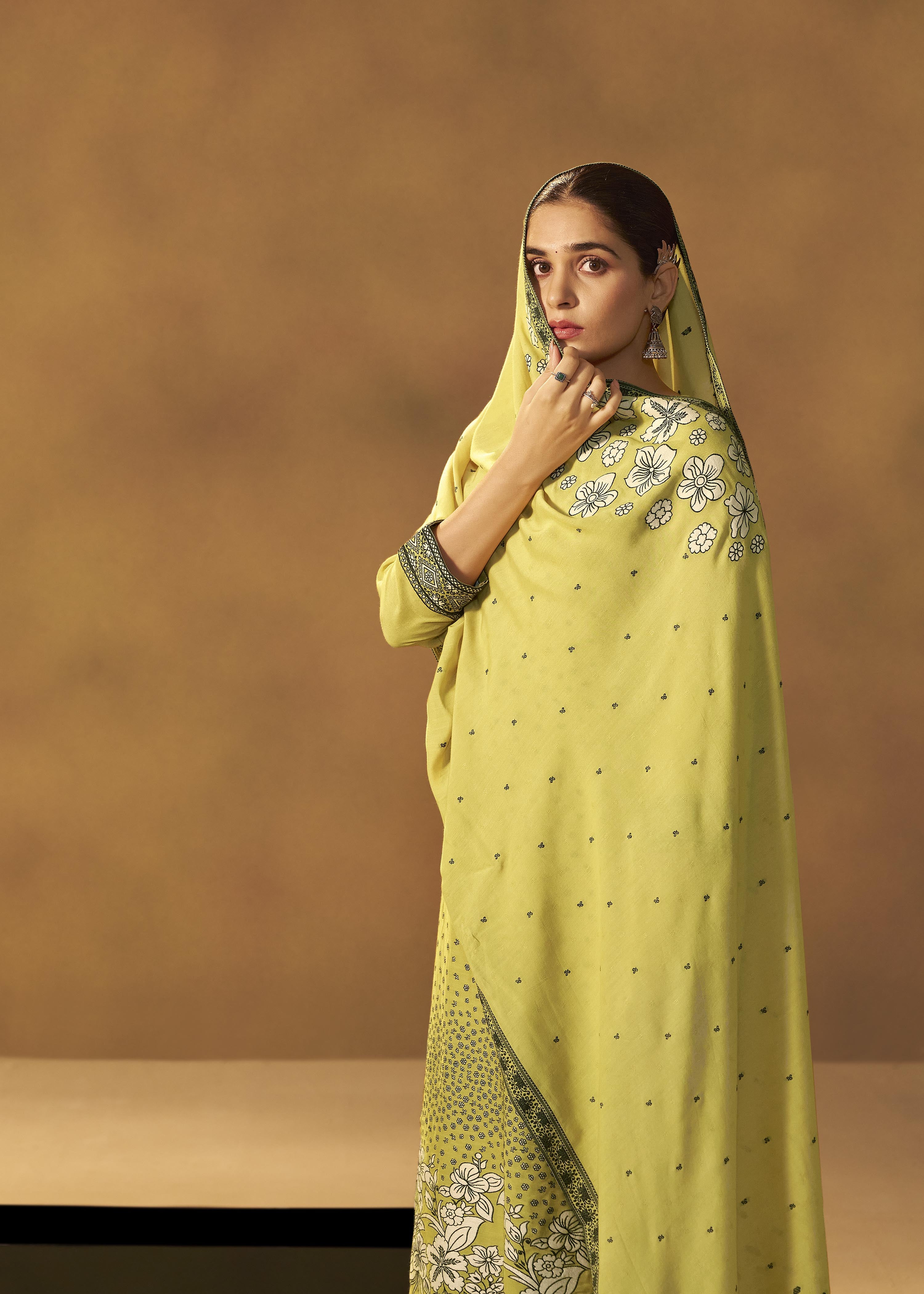 Olive Yellow Muslin Black Jacquard Kurta Set