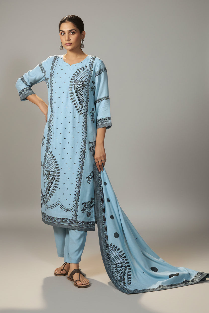 Seafoam Blue Muslin Black Jacquard Kurta Set