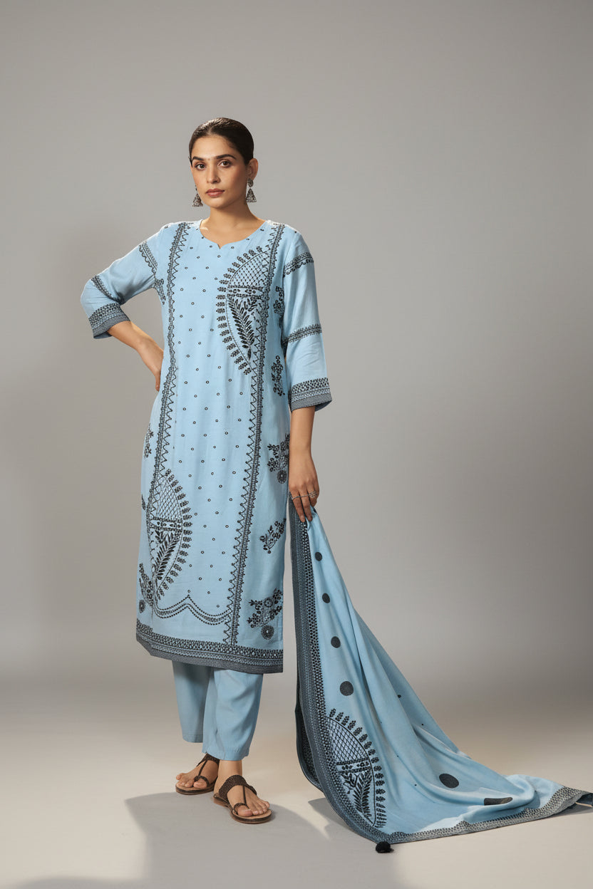 Seafoam Blue Muslin Black Jacquard Kurta Set