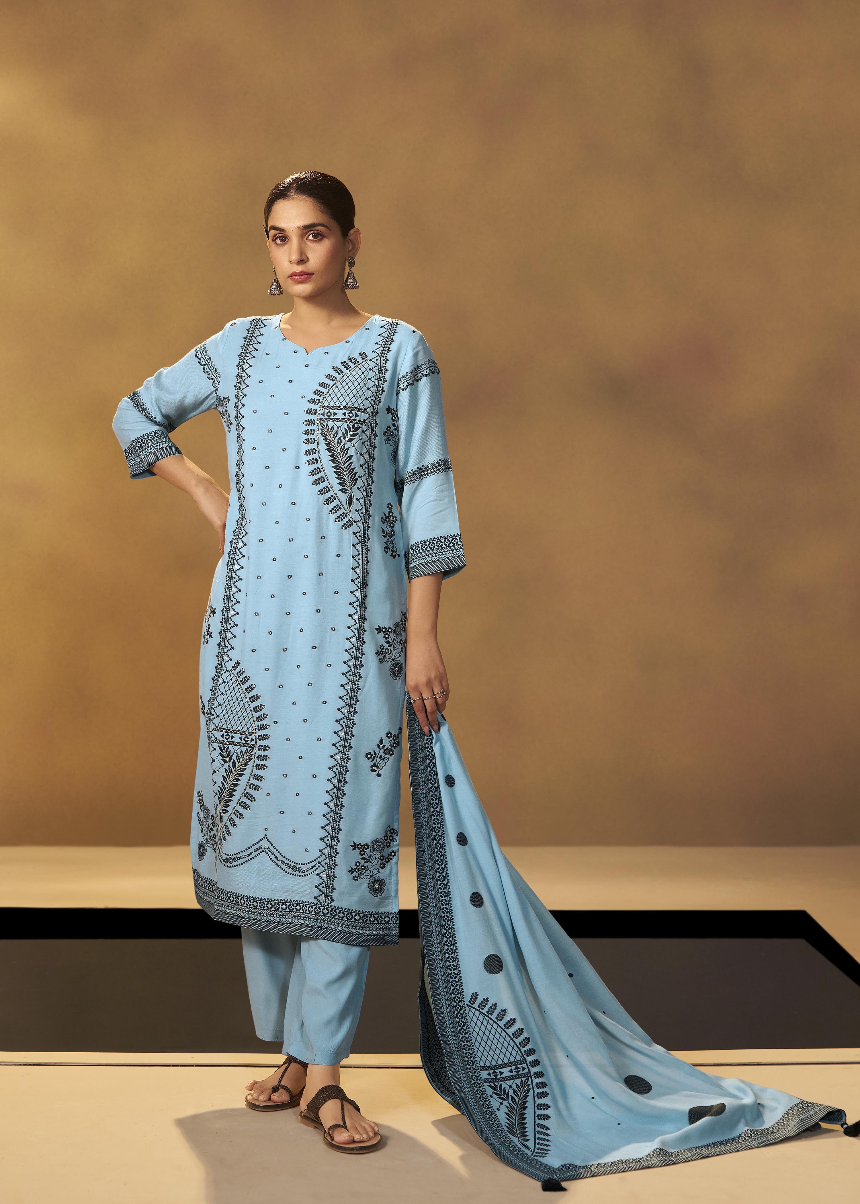 Seafoam Blue Muslin Black Jacquard Kurta Set