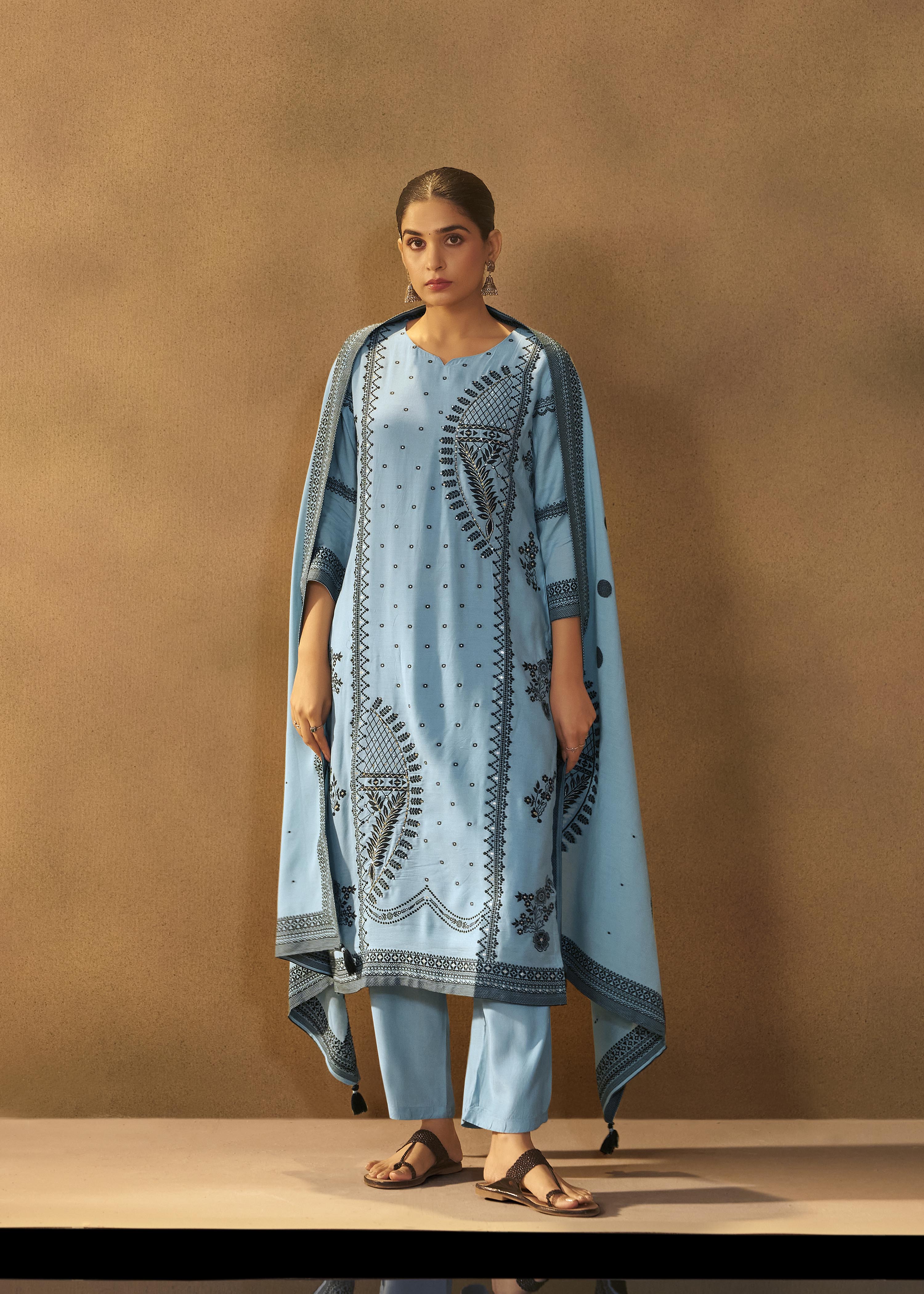 Seafoam Blue Muslin Black Jacquard Kurta Set