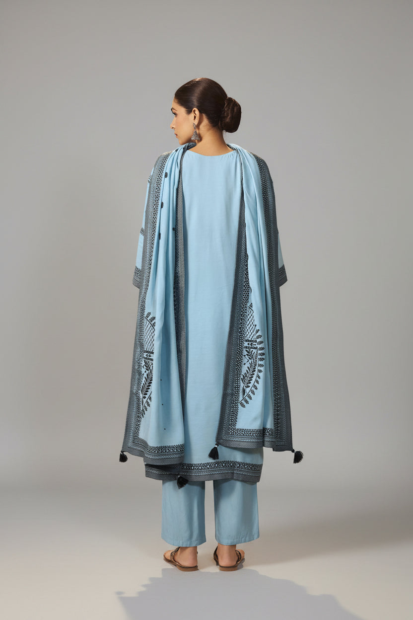 Seafoam Blue Muslin Black Jacquard Kurta Set