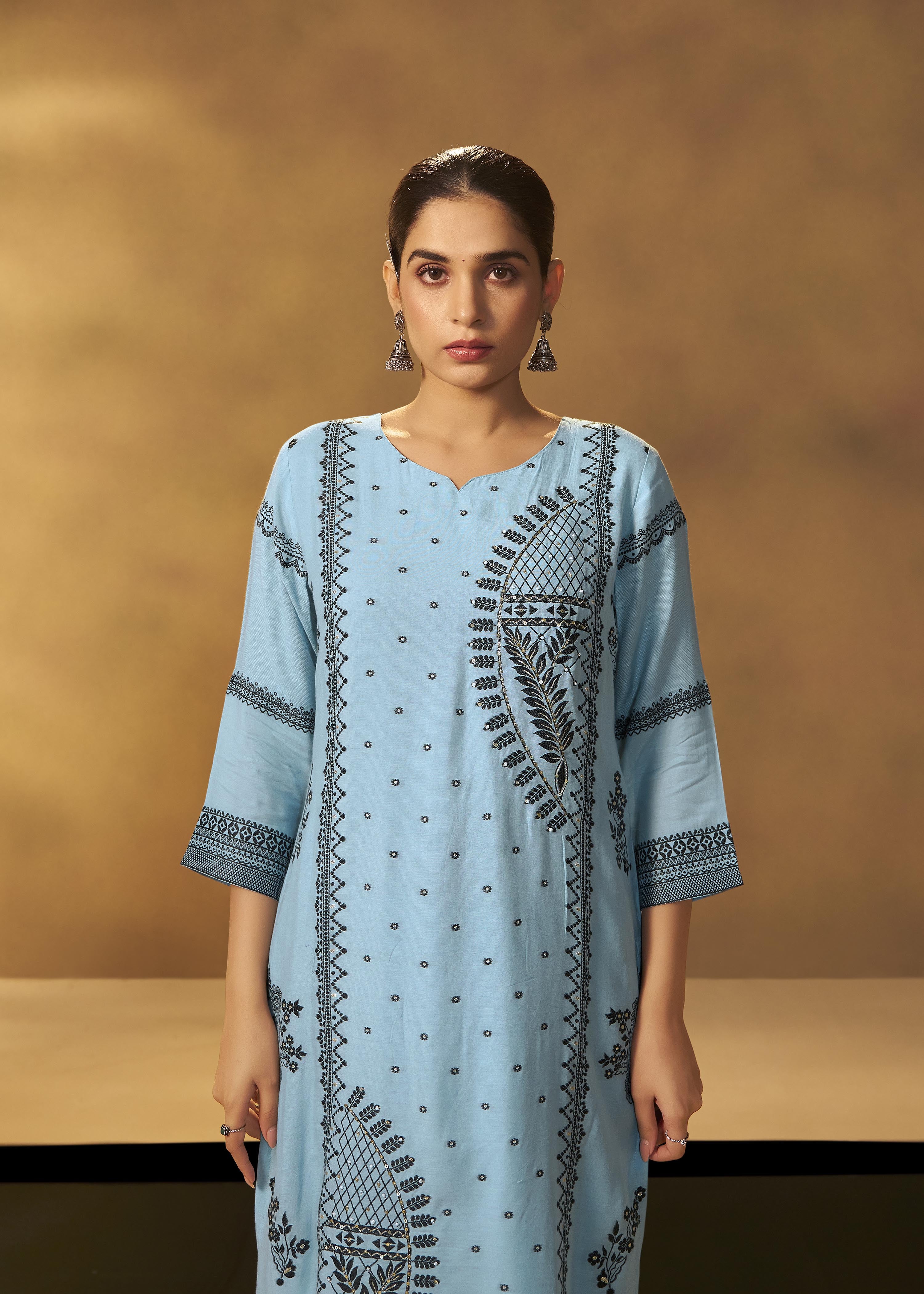 Seafoam Blue Muslin Black Jacquard Kurta Set