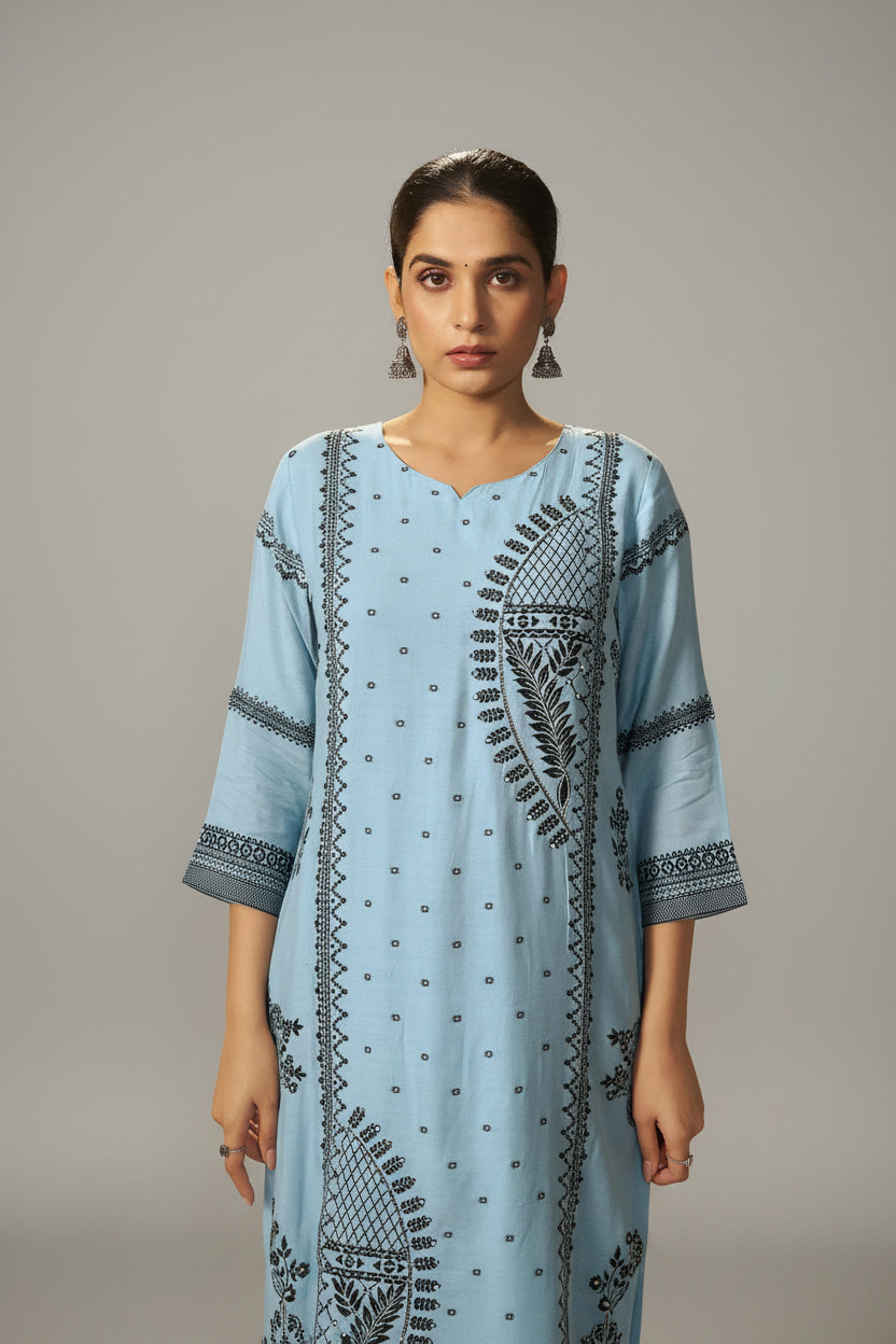 Seafoam Blue Muslin Black Jacquard Kurta Set