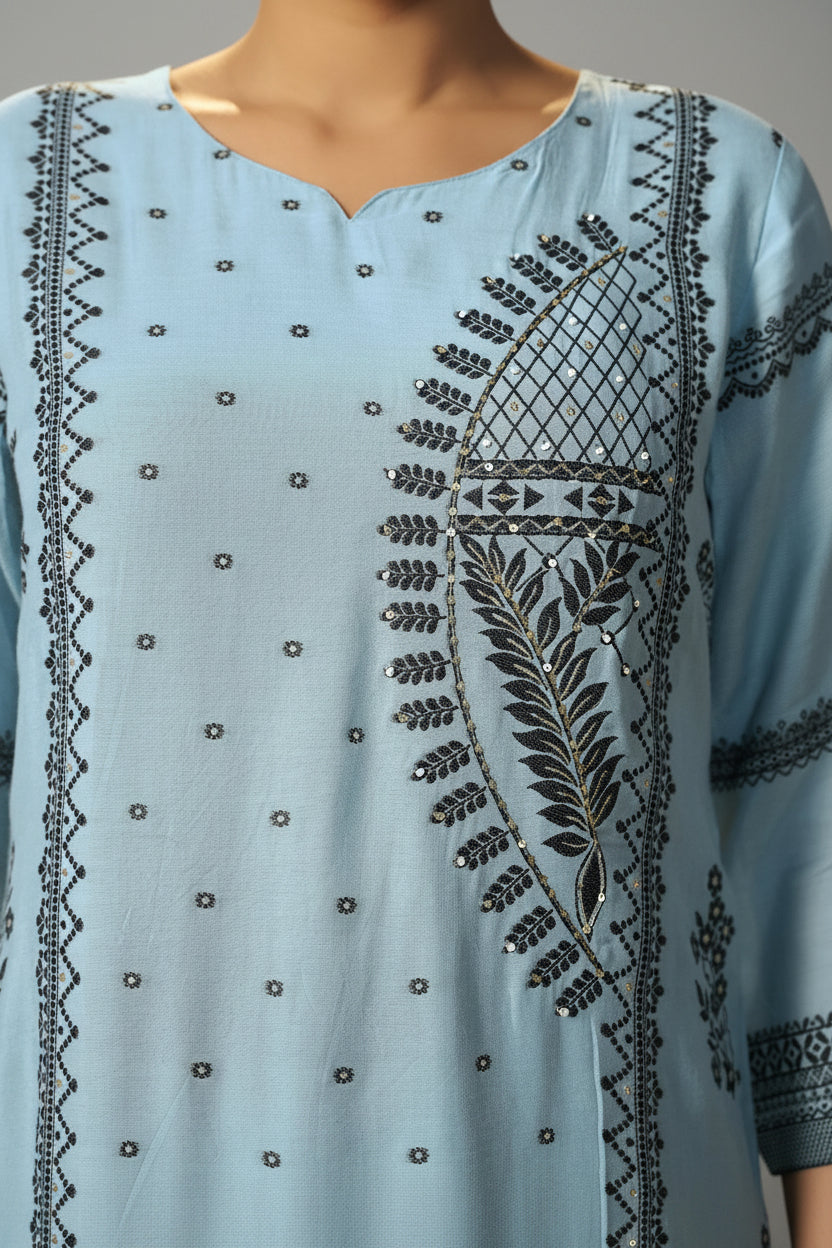 Seafoam Blue Muslin Black Jacquard Kurta Set