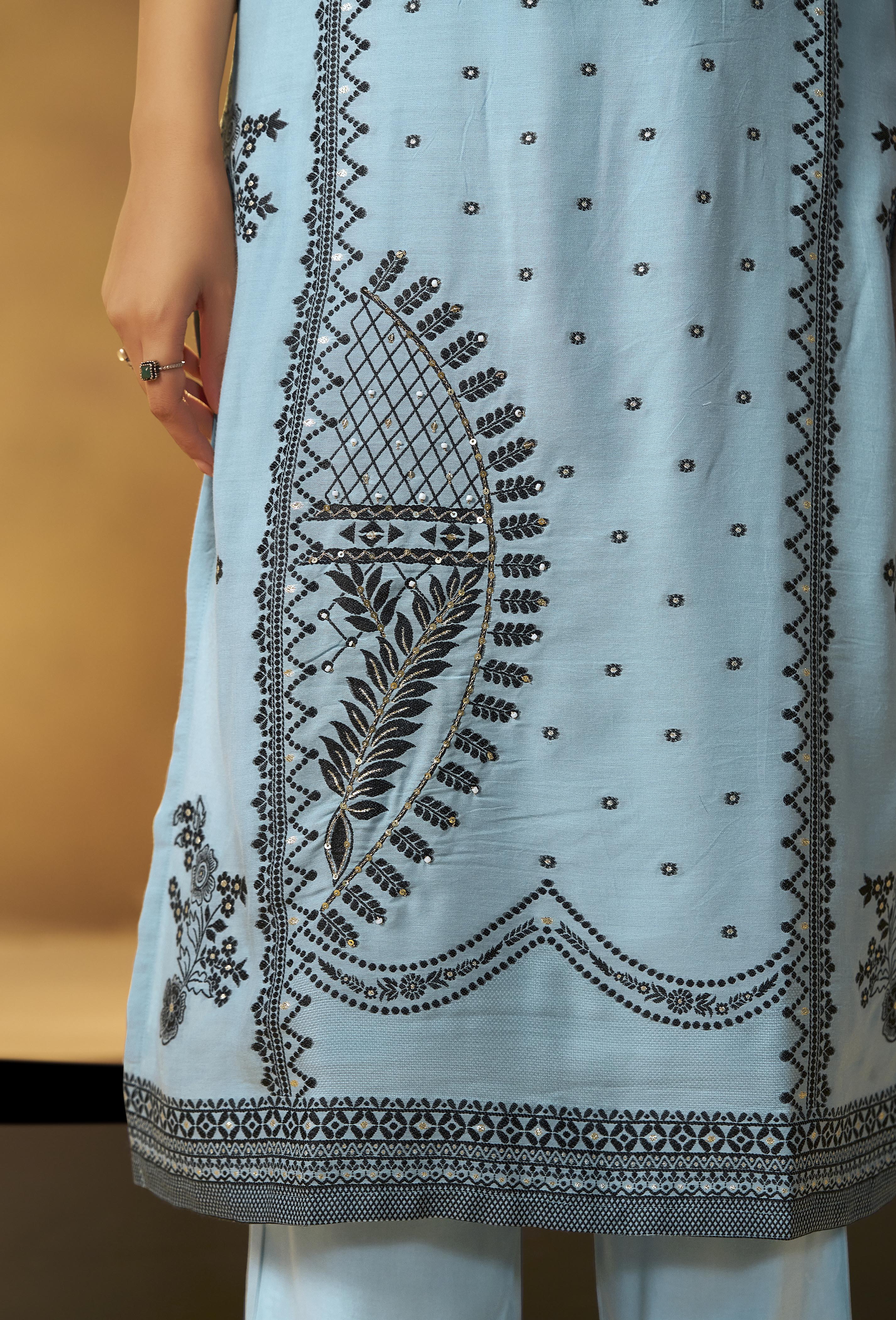 Seafoam Blue Muslin Black Jacquard Kurta Set