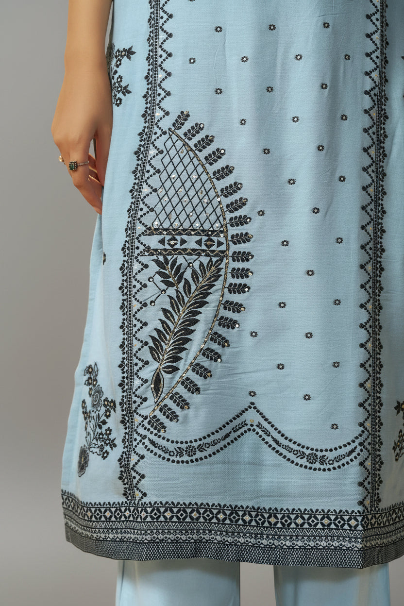Seafoam Blue Muslin Black Jacquard Kurta Set
