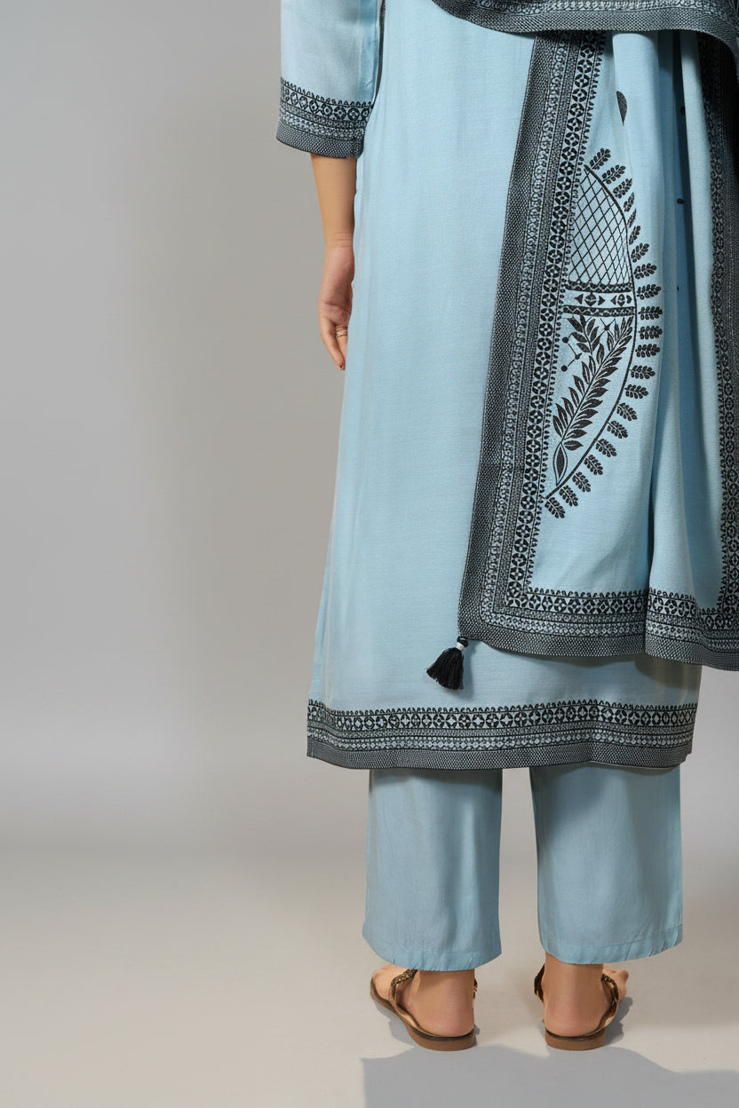 Seafoam Blue Muslin Black Jacquard Kurta Set