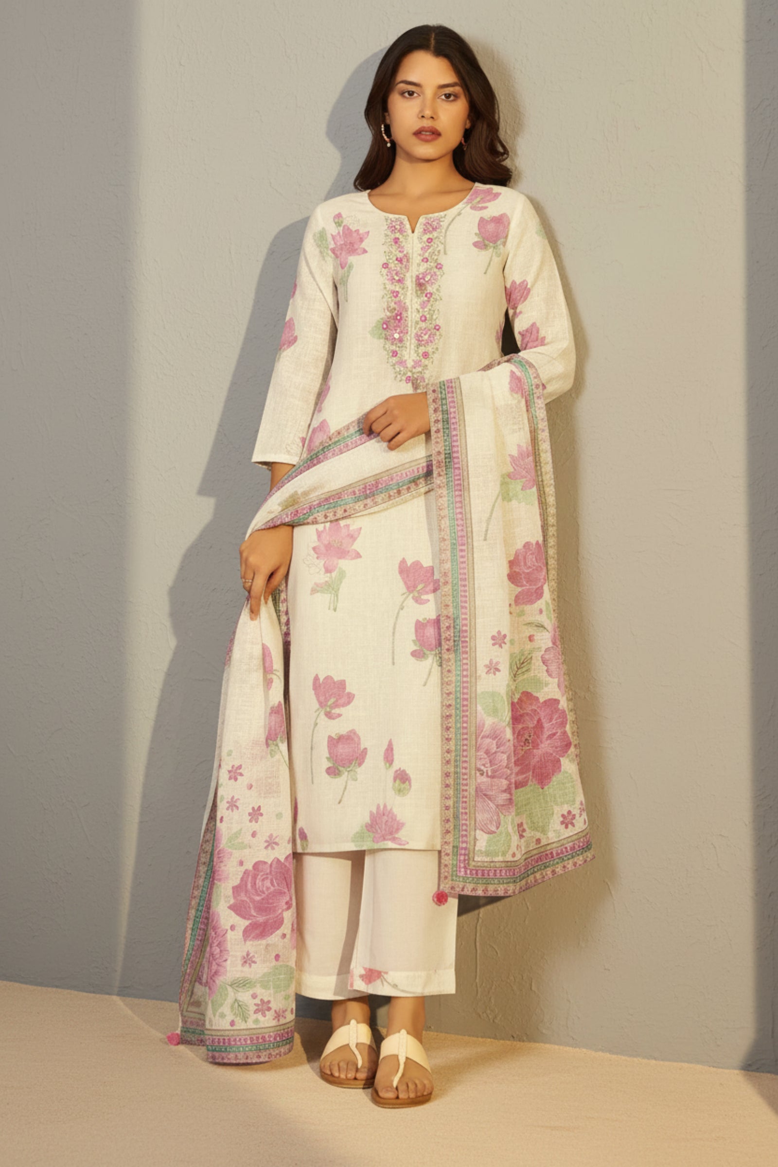 Digital Printed & Embroidered Floral Cotton Linen Kurta Set