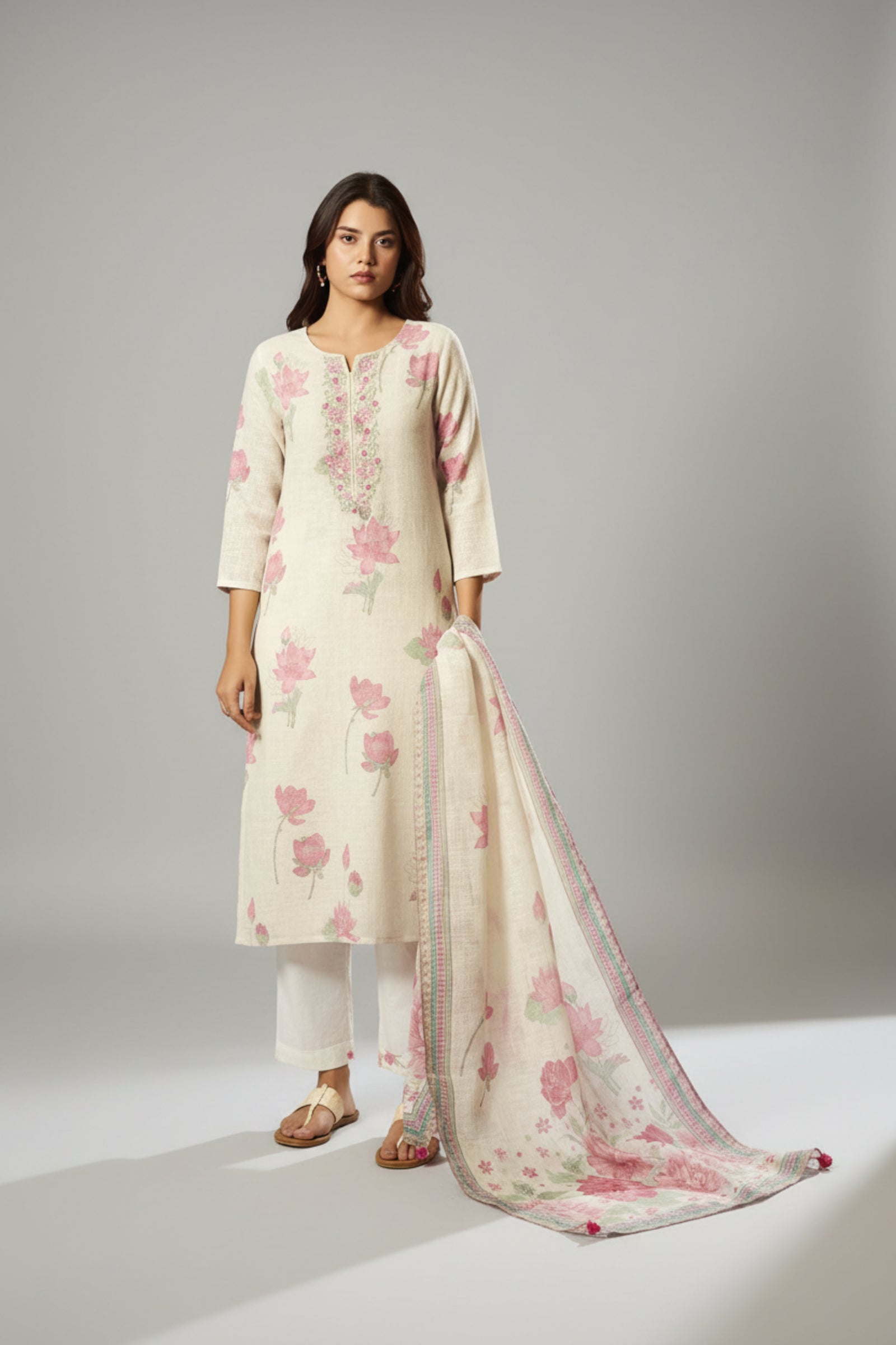 Digital Printed & Embroidered Floral Cotton Linen Kurta Set