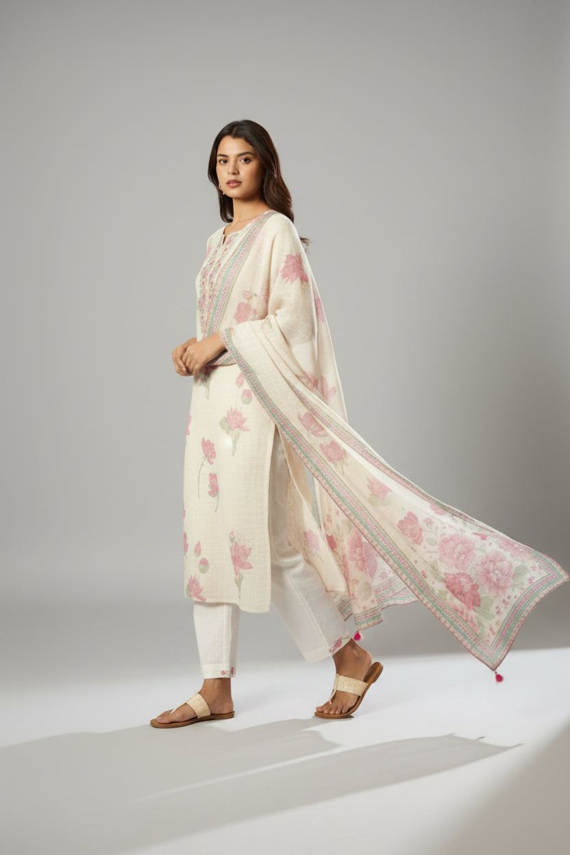 Digital Printed & Embroidered Floral Cotton Linen Kurta Set