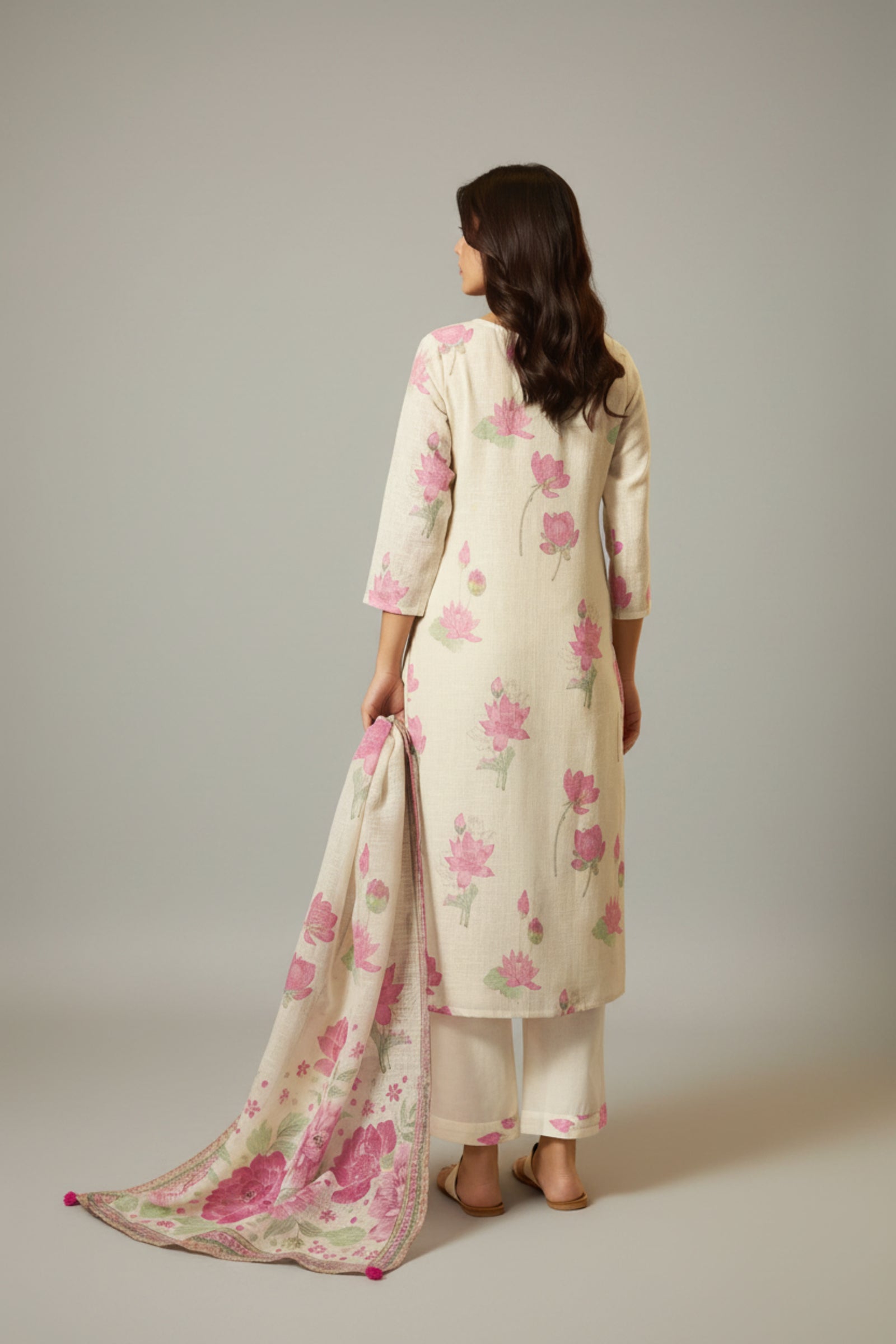 Digital Printed & Embroidered Floral Cotton Linen Kurta Set