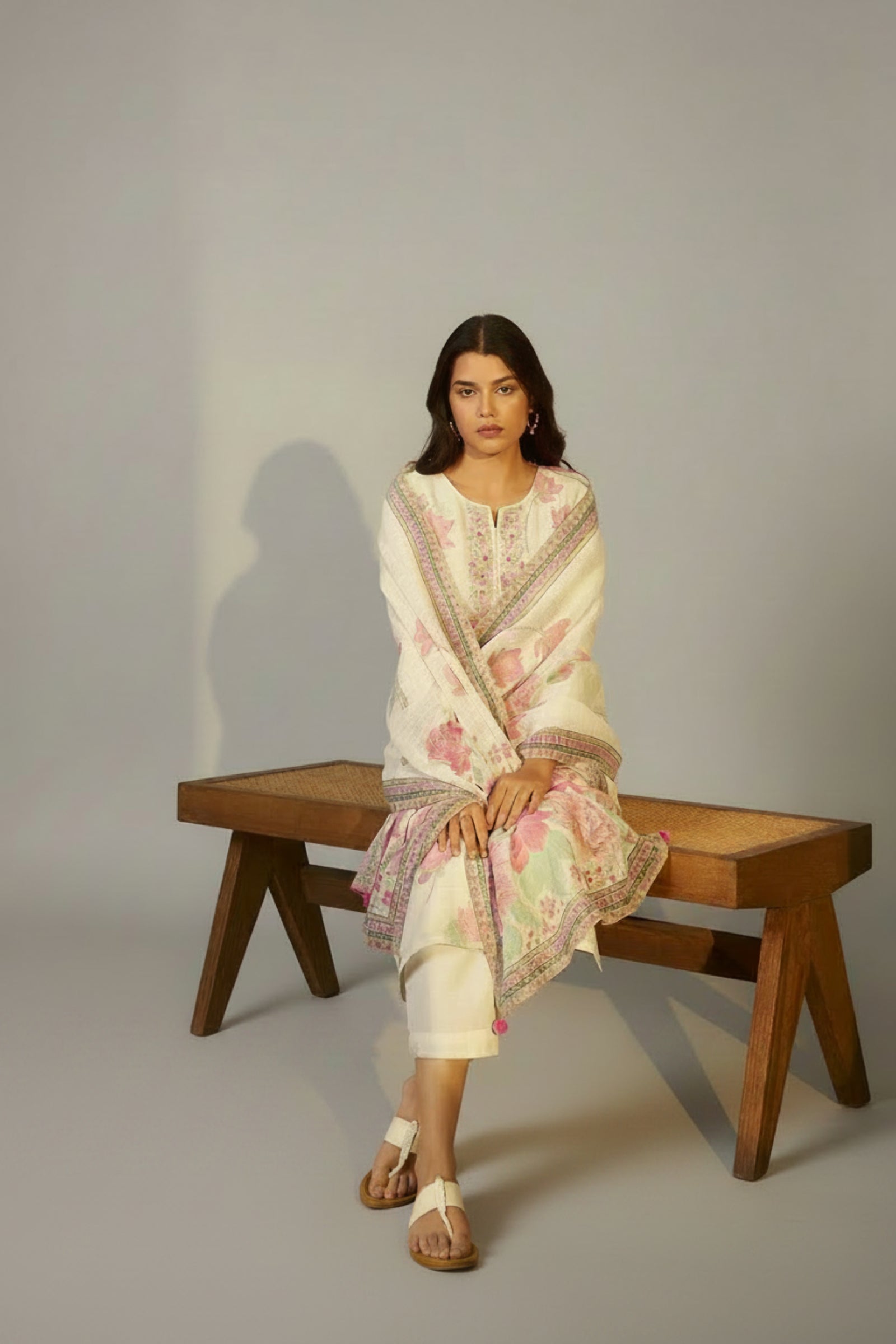 Digital Printed & Embroidered Floral Cotton Linen Kurta Set
