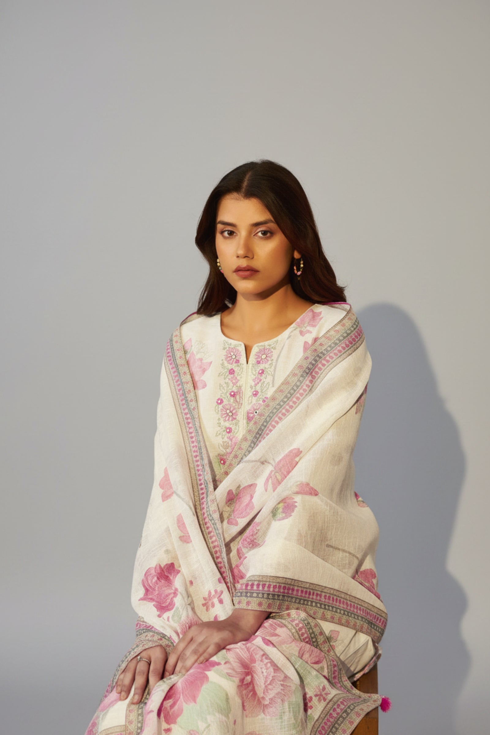 Digital Printed & Embroidered Floral Cotton Linen Kurta Set