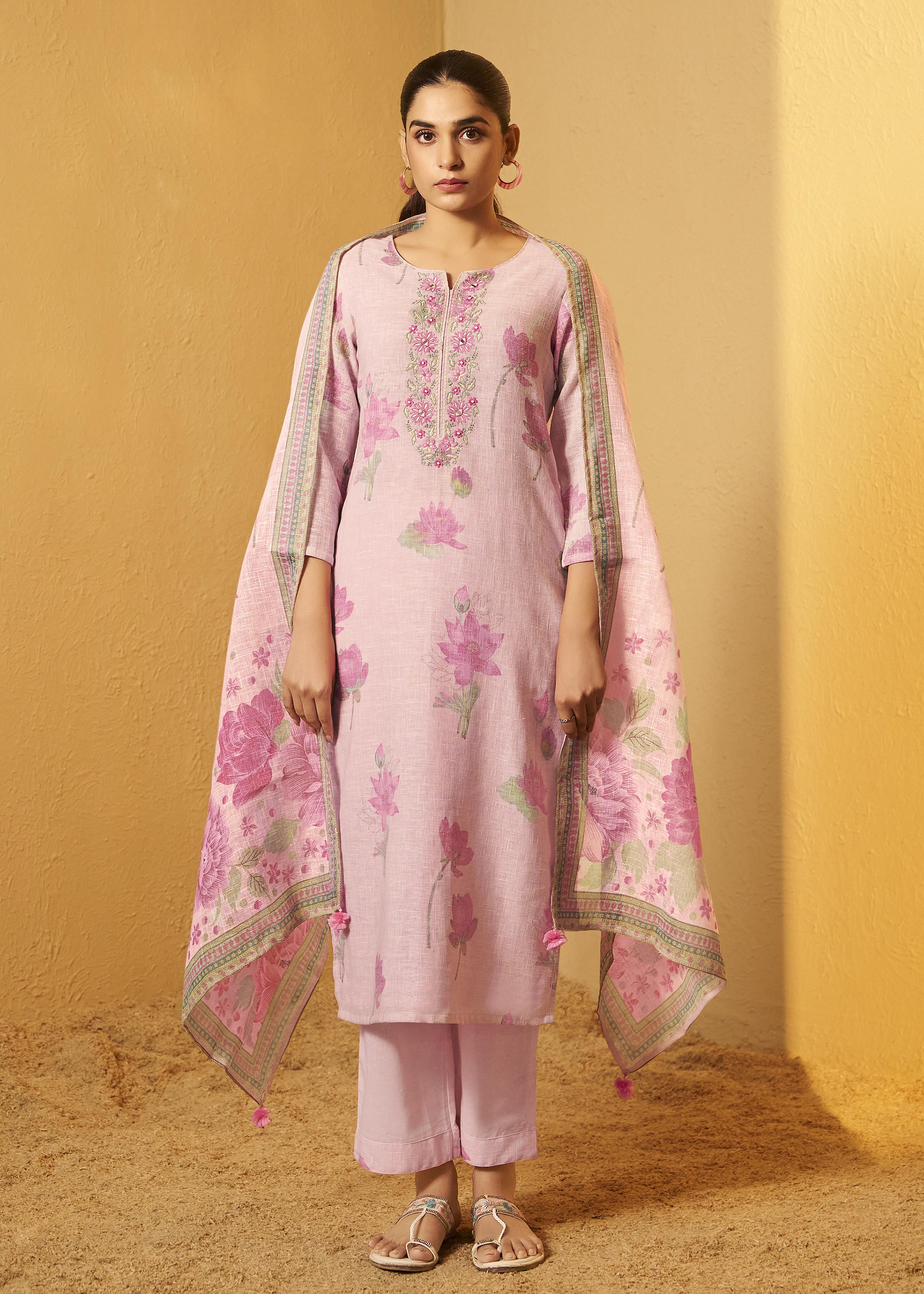Pink Poly Linen Digital Print Kurta Set with Cotton Bottom & Dupatta