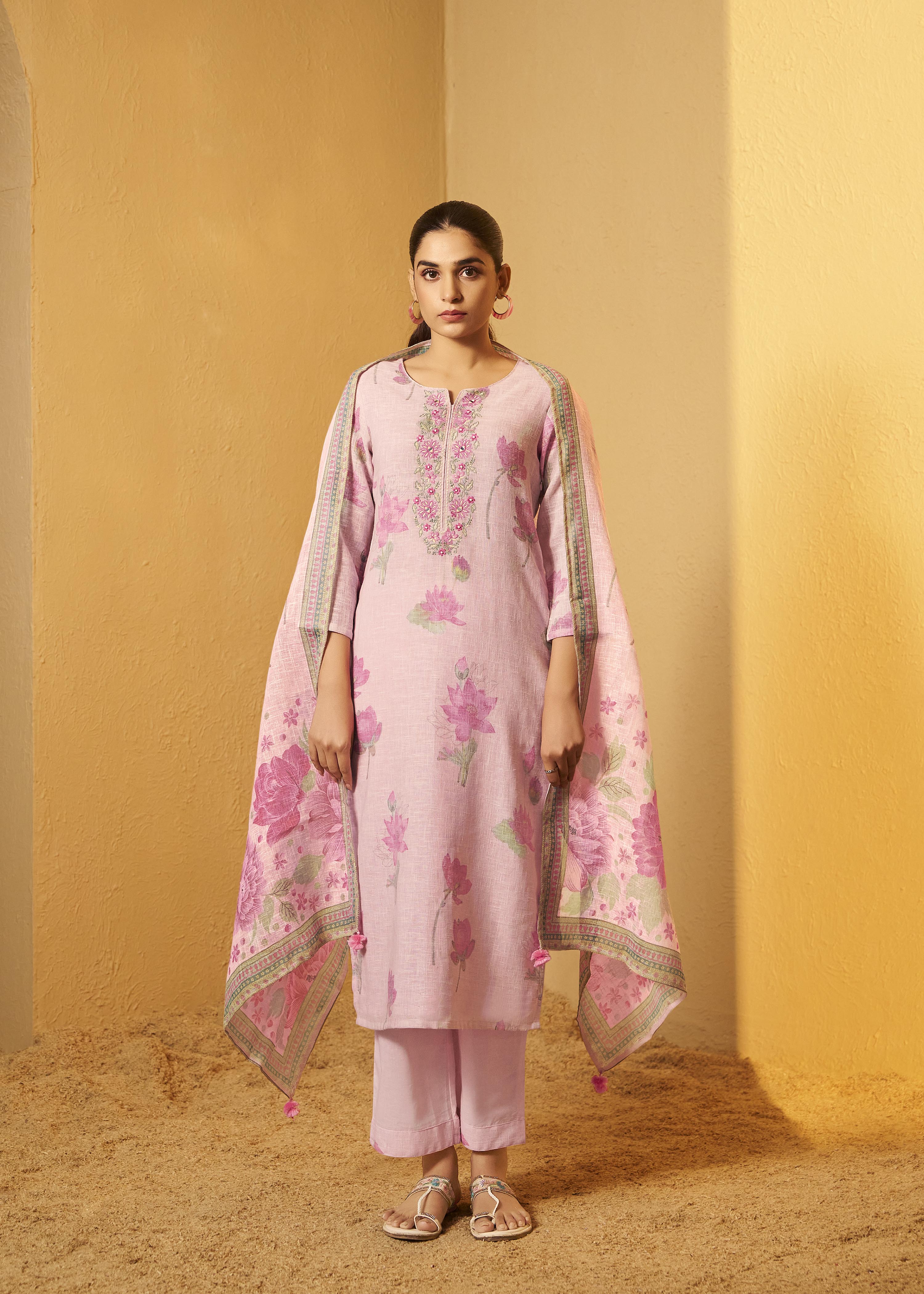 Pink Poly Linen Digital Print Kurta Set with Cotton Bottom & Dupatta