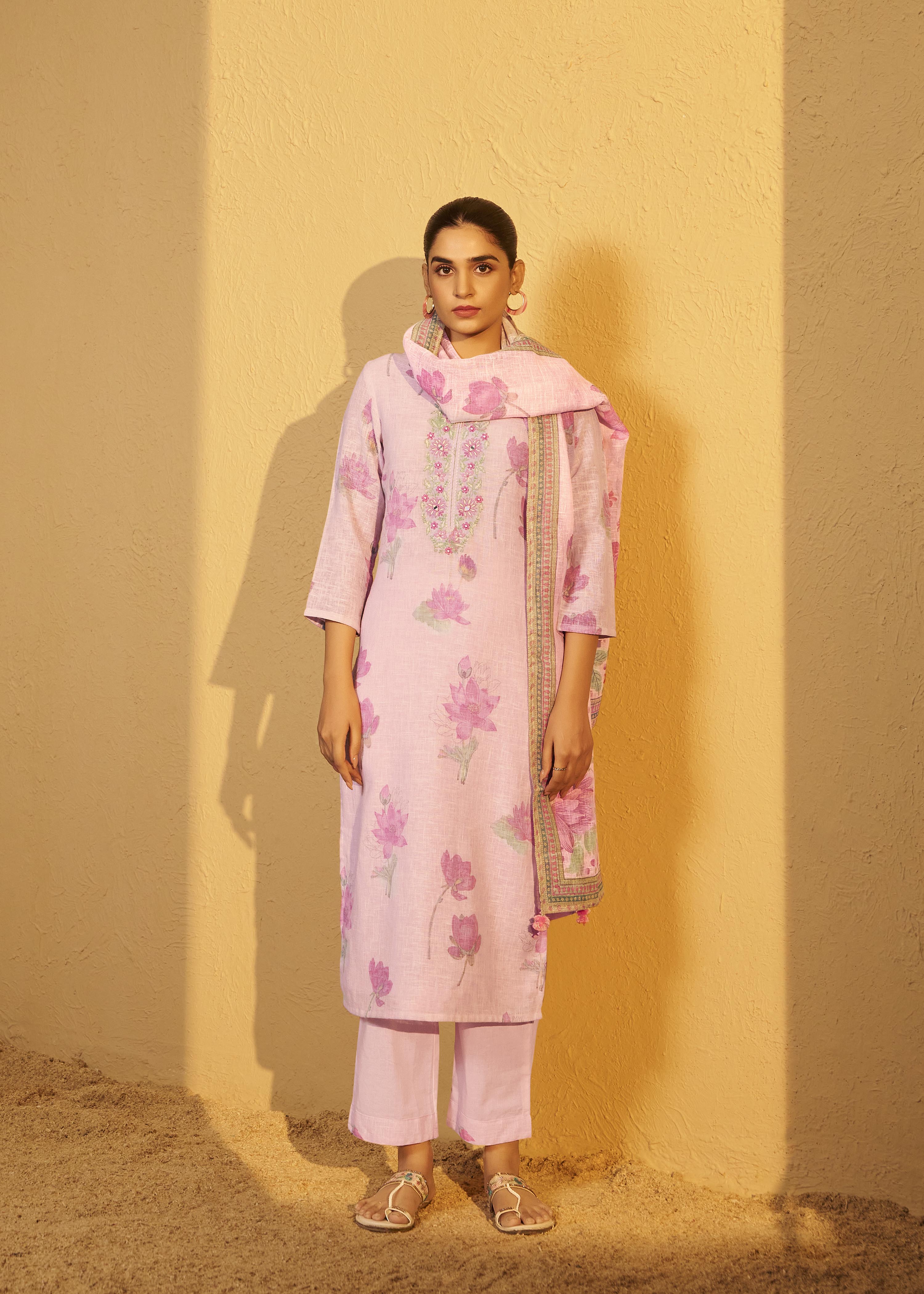 Pink Poly Linen Digital Print Kurta Set with Cotton Bottom & Dupatta
