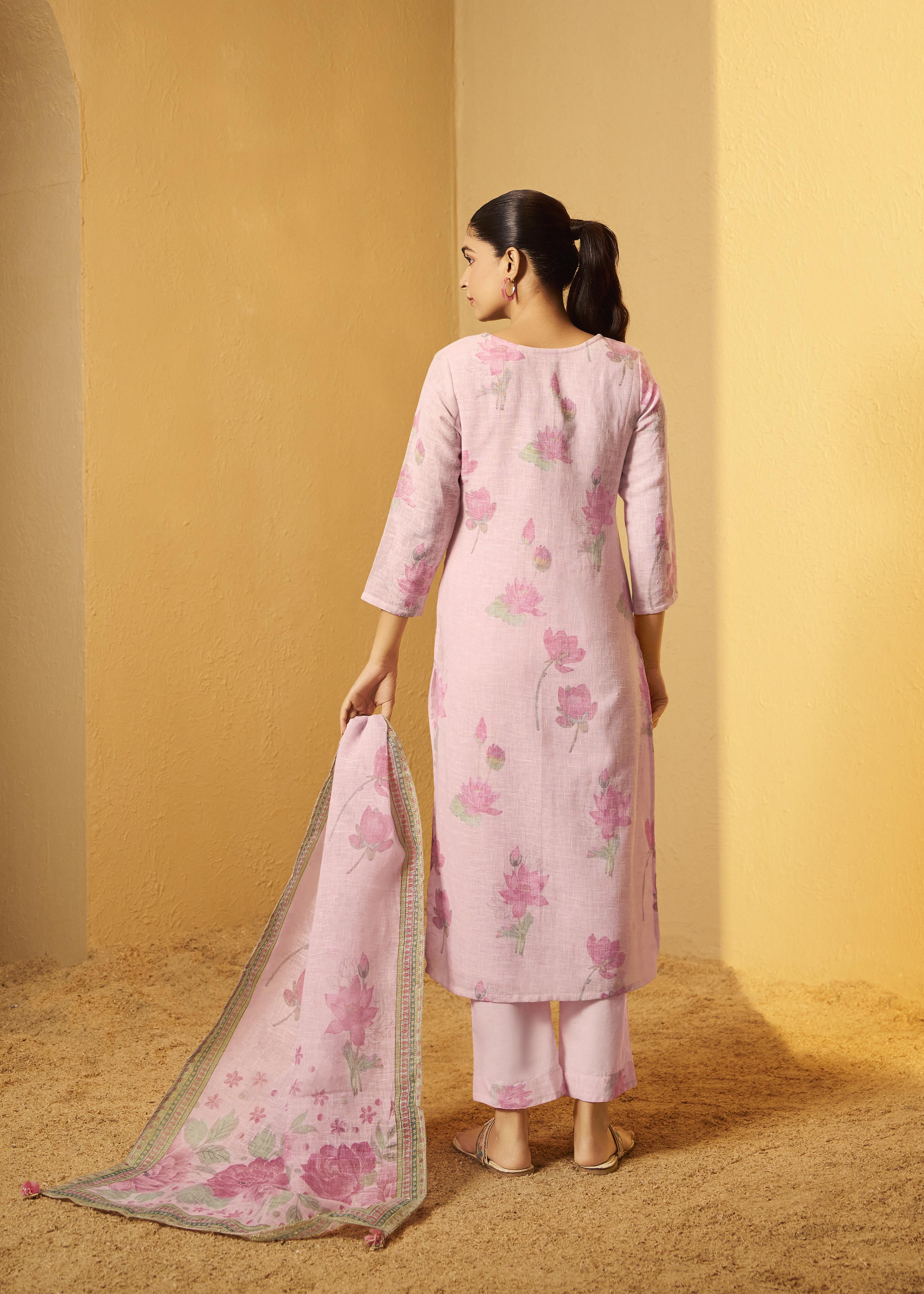 Pink Poly Linen Digital Print Kurta Set with Cotton Bottom & Dupatta
