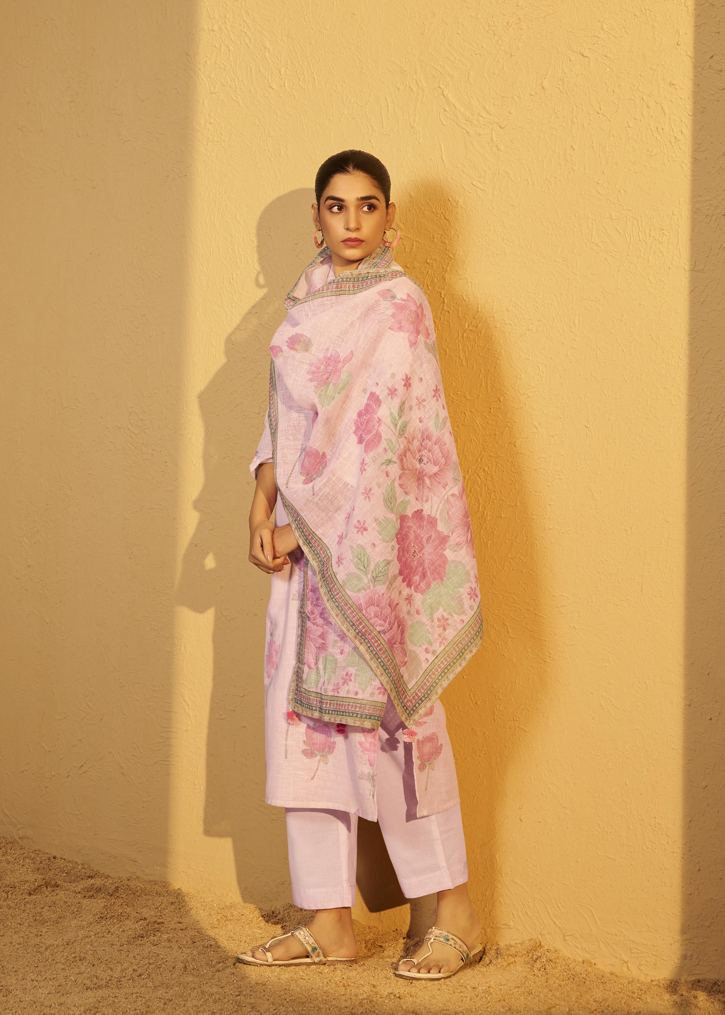 Pink Poly Linen Digital Print Kurta Set with Cotton Bottom & Dupatta