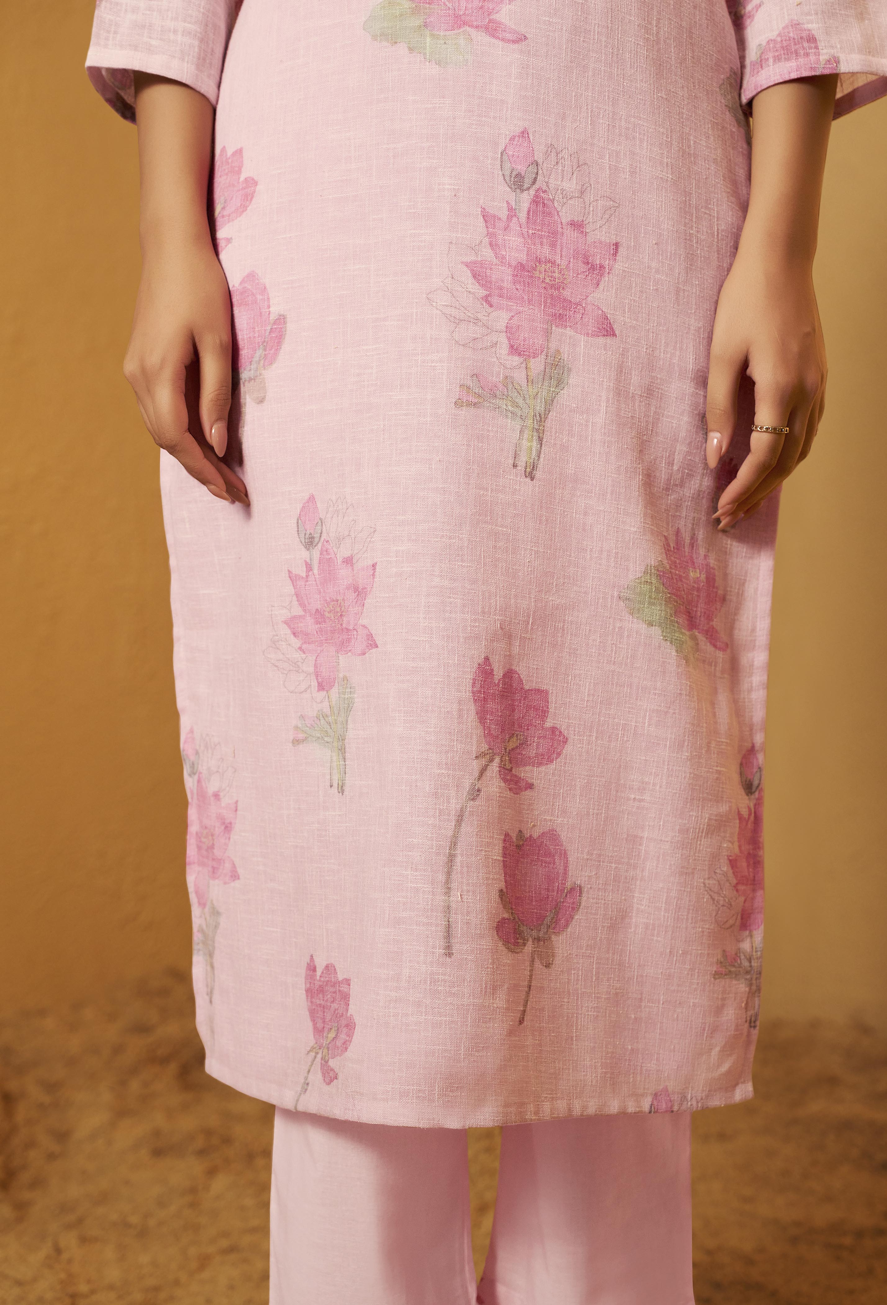 Pink Poly Linen Digital Print Kurta Set with Cotton Bottom & Dupatta