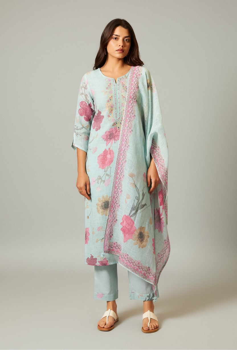 Mint Blue Linen Cotton Digital Print Kurta Set