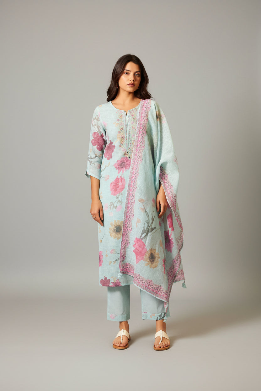 Mint Blue Linen Cotton Digital Print Kurta Set