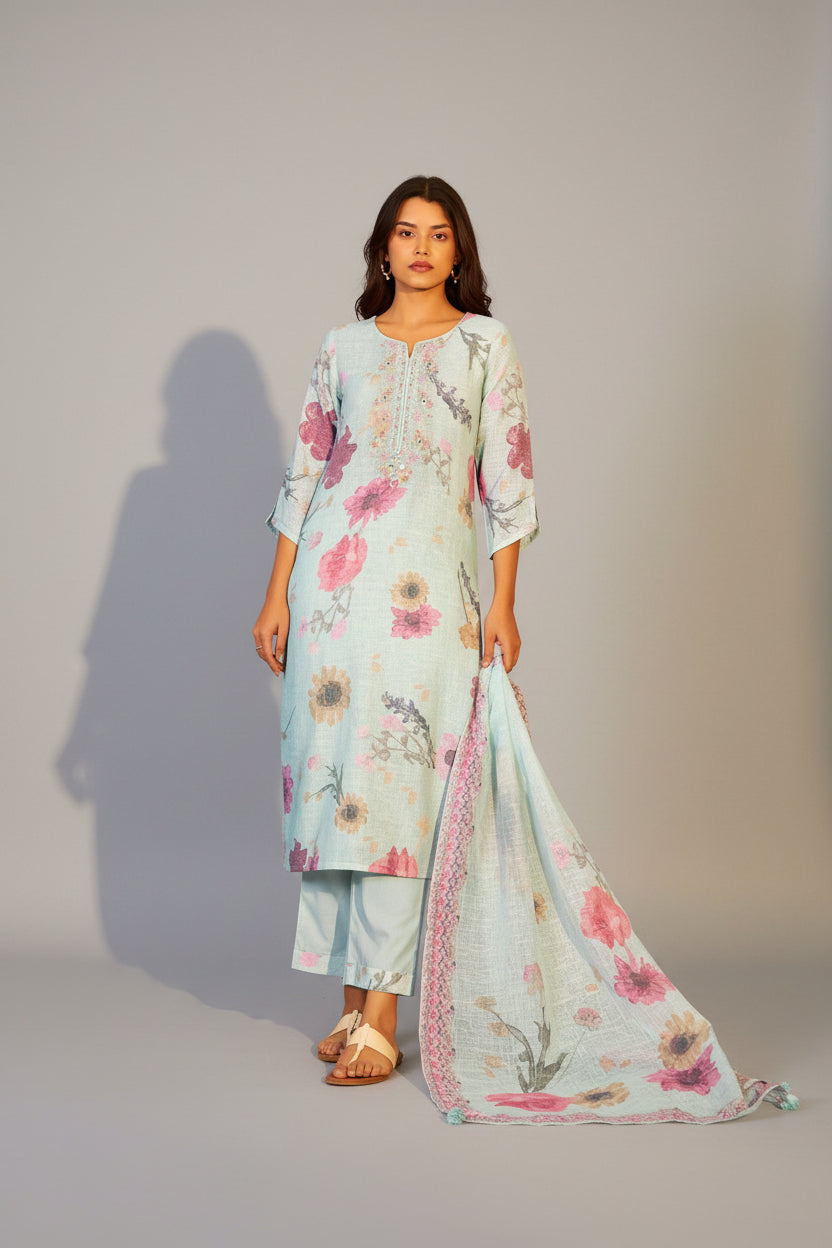 Mint Blue Linen Cotton Digital Print Kurta Set