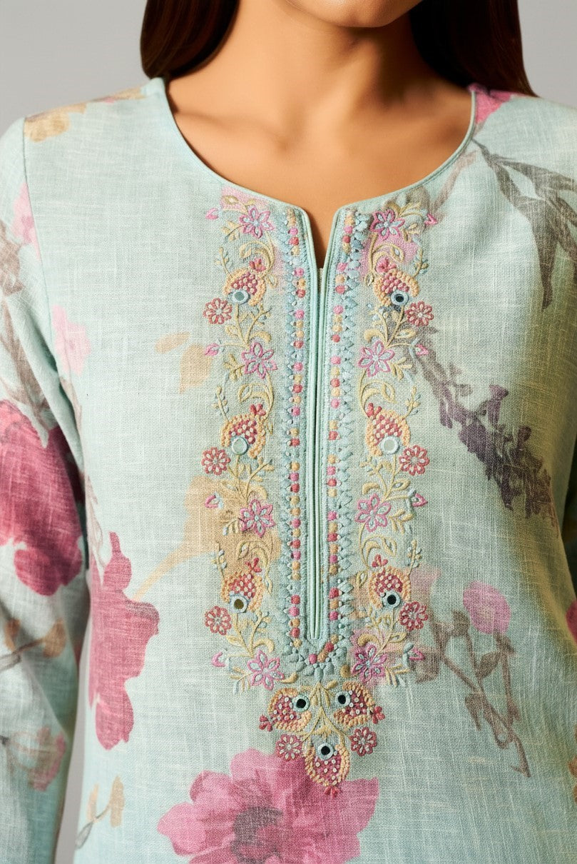 Mint Blue Linen Cotton Digital Print Kurta Set