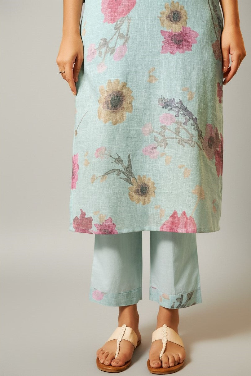 Mint Blue Linen Cotton Digital Print Kurta Set