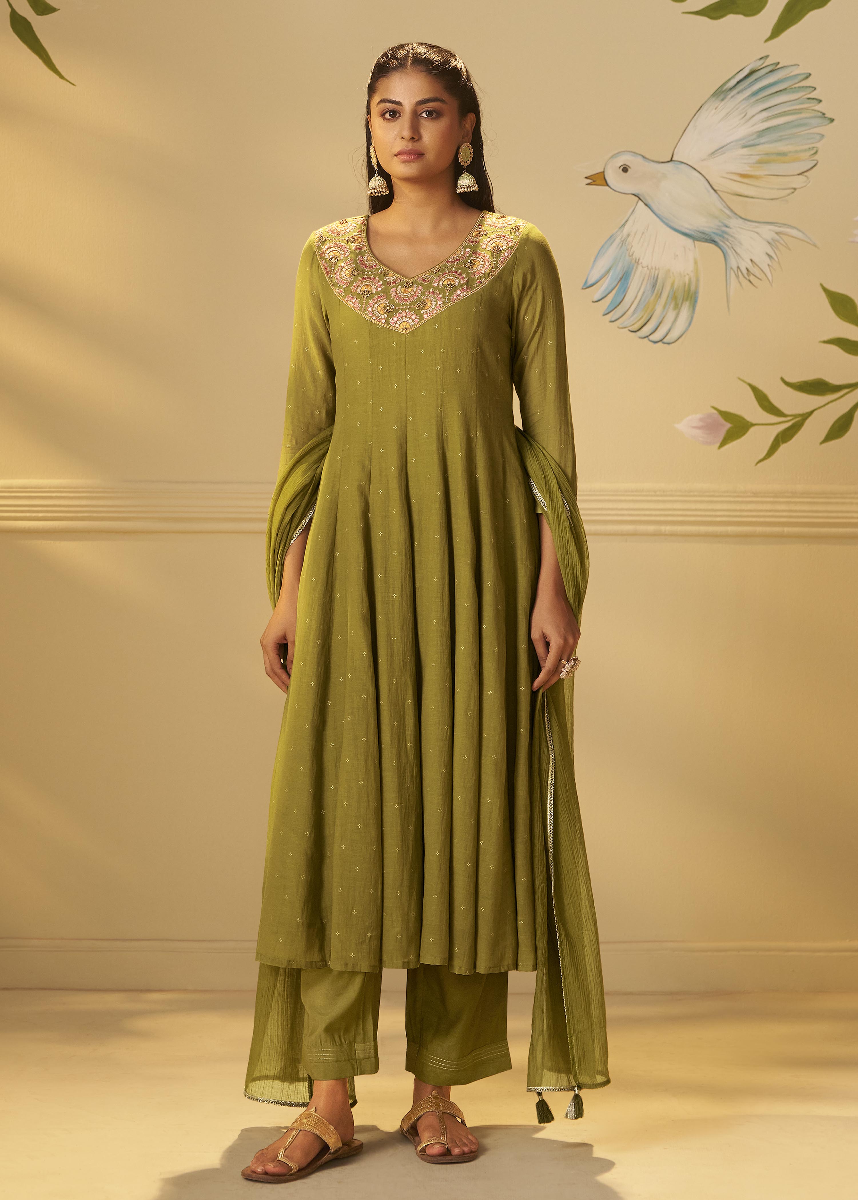Moss Green Mul Chanderi Embroidery Anarkali Kurta Set