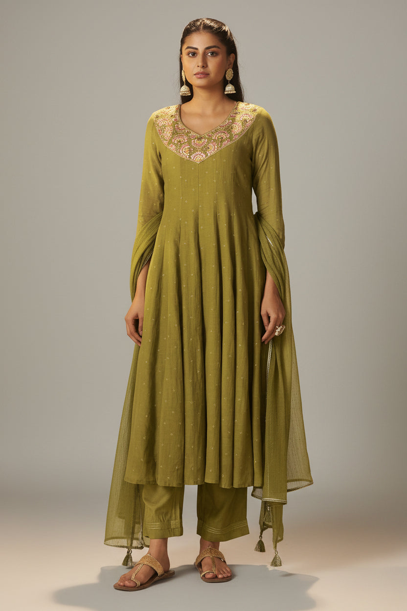 Moss Green Mul Chanderi Embroidery Anarkali Kurta Set