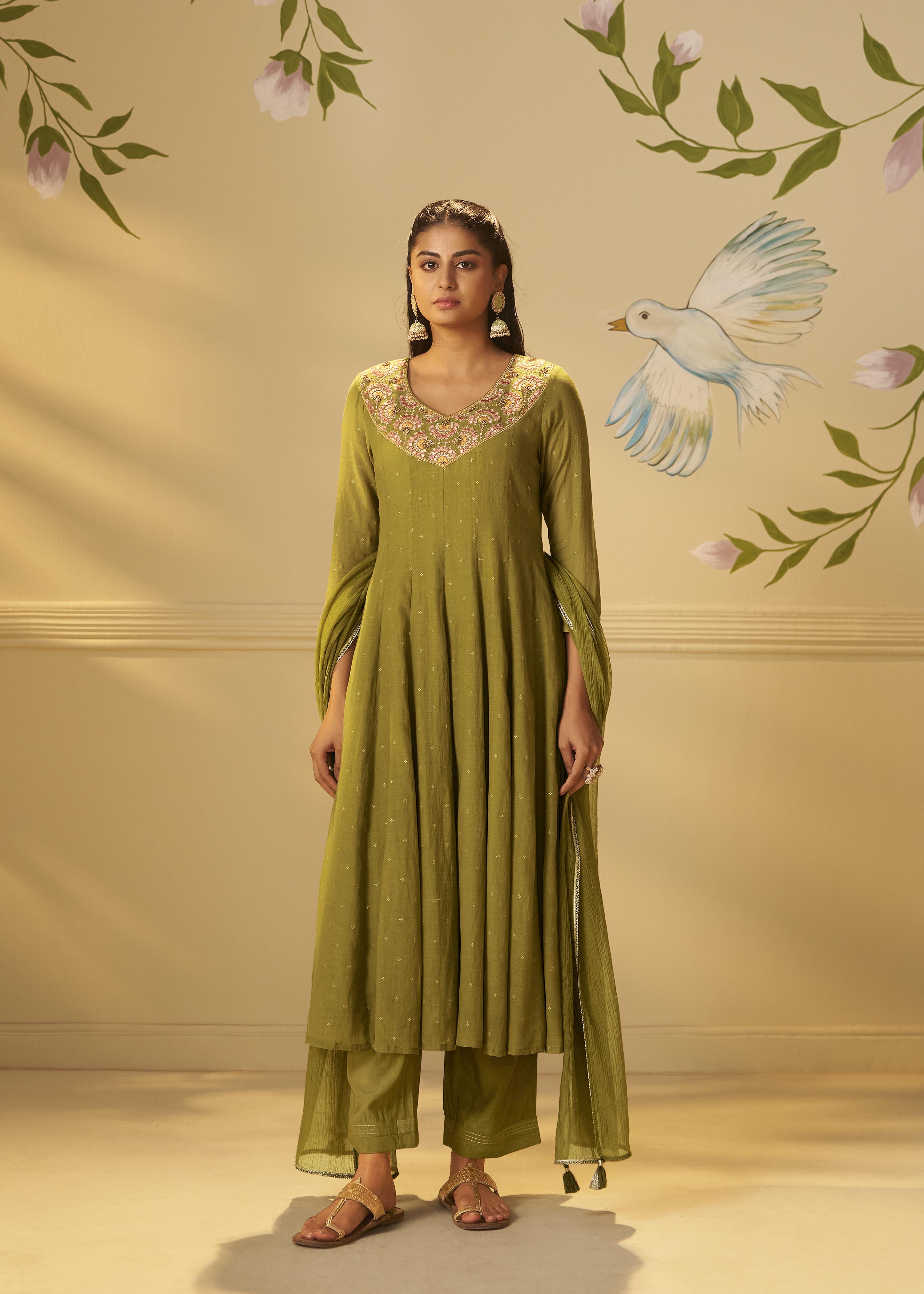 Moss Green Mul Chanderi Embroidery Anarkali Kurta Set