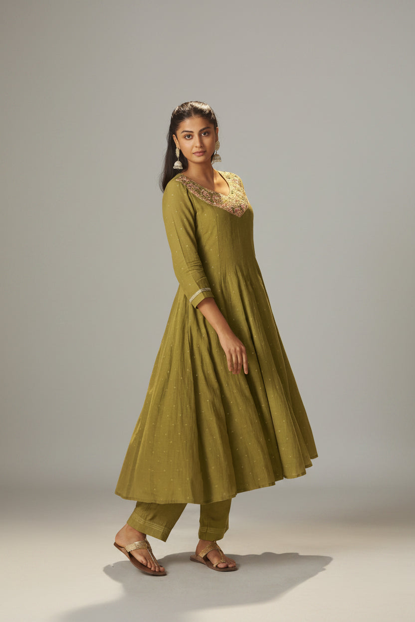 Moss Green Mul Chanderi Embroidery Anarkali Kurta Set