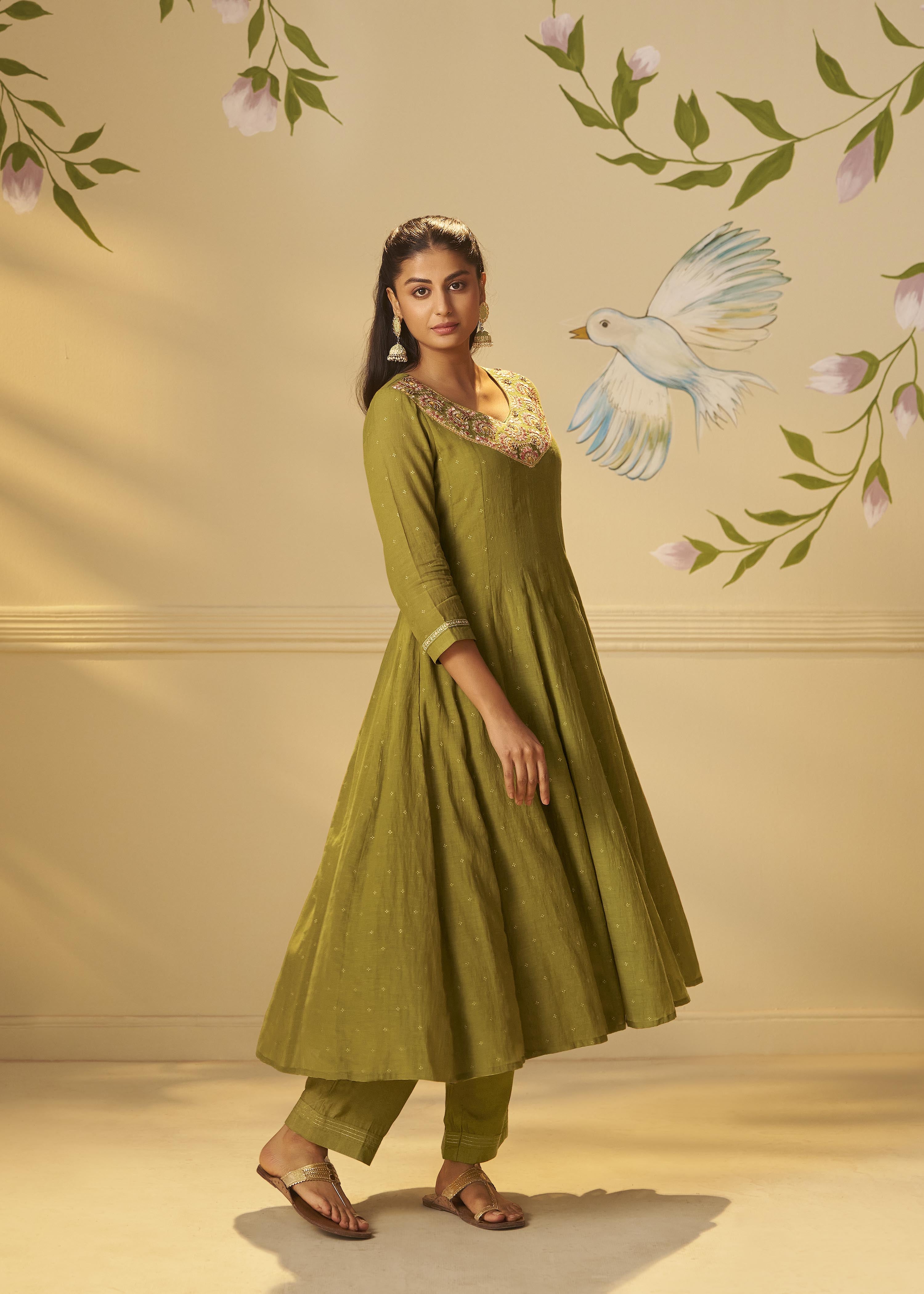 Moss Green Mul Chanderi Embroidery Anarkali Kurta Set