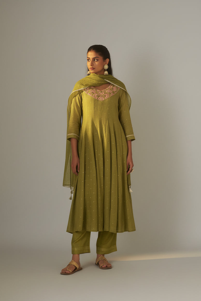 Moss Green Mul Chanderi Embroidery Anarkali Kurta Set