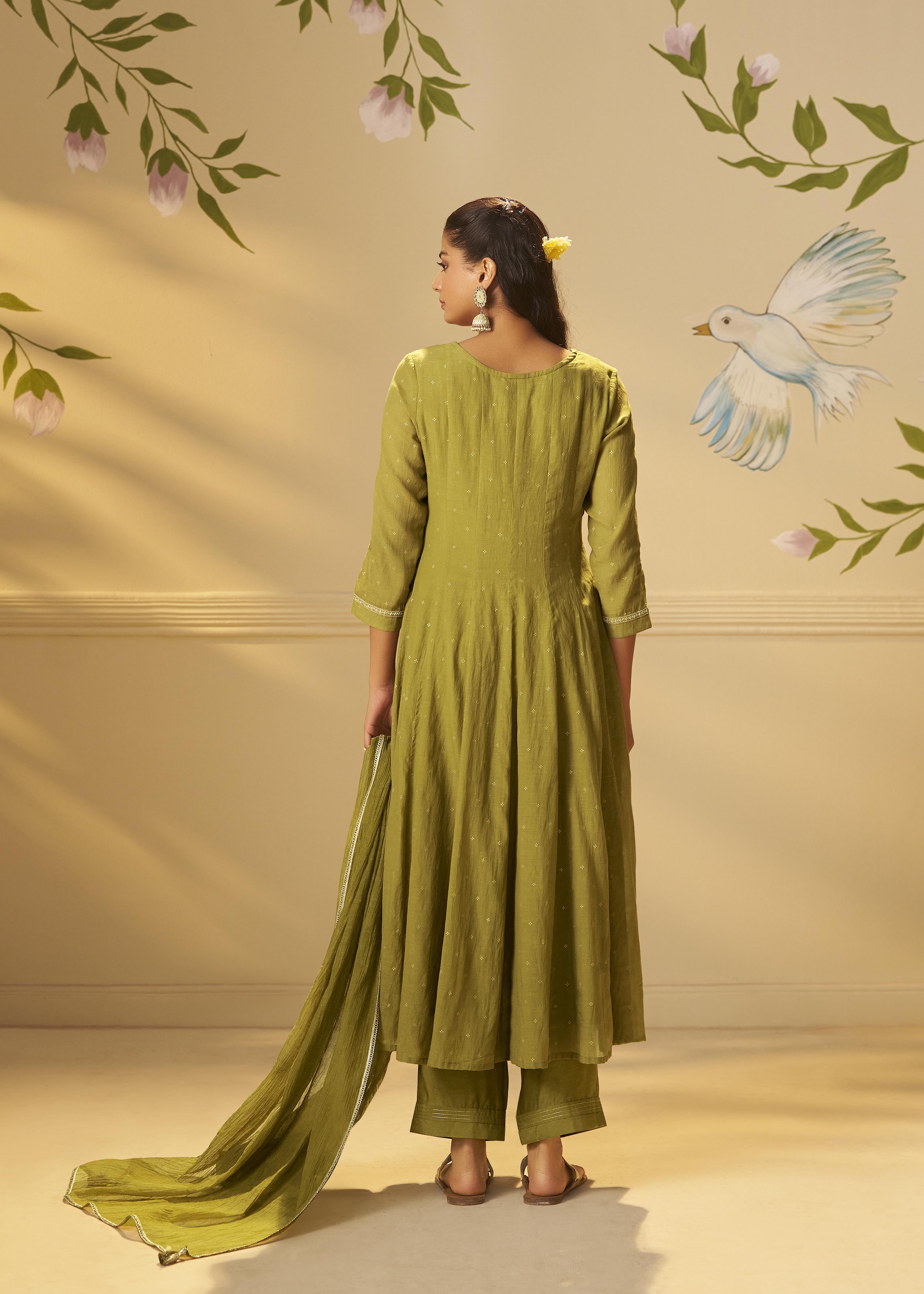 Moss Green Mul Chanderi Embroidery Anarkali Kurta Set