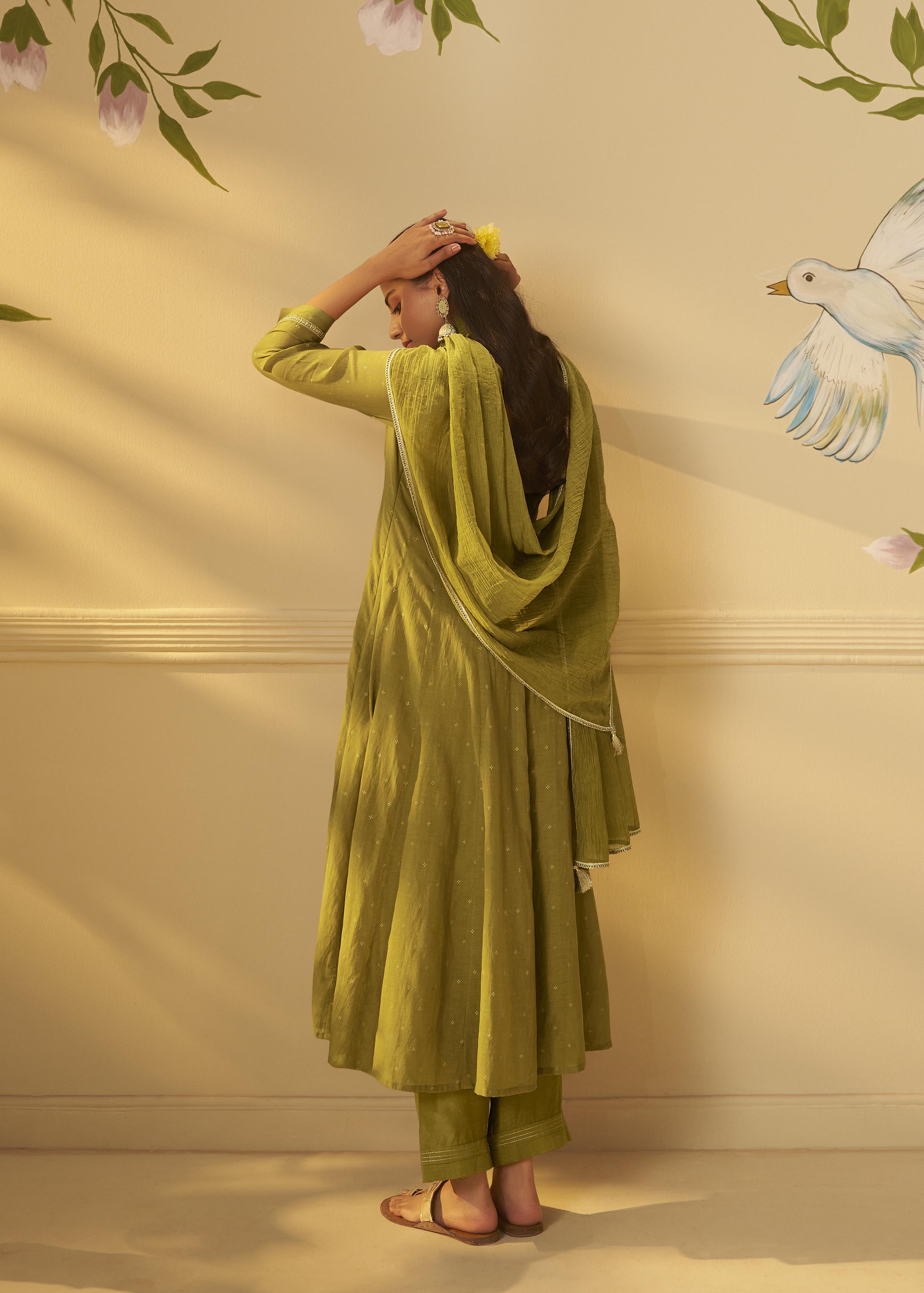 Moss Green Mul Chanderi Embroidery Anarkali Kurta Set