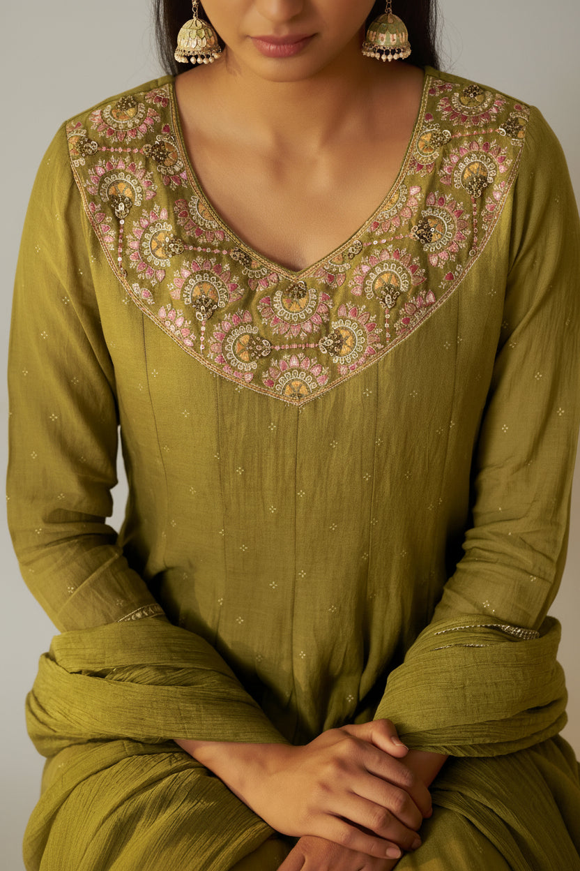 Moss Green Mul Chanderi Embroidery Anarkali Kurta Set