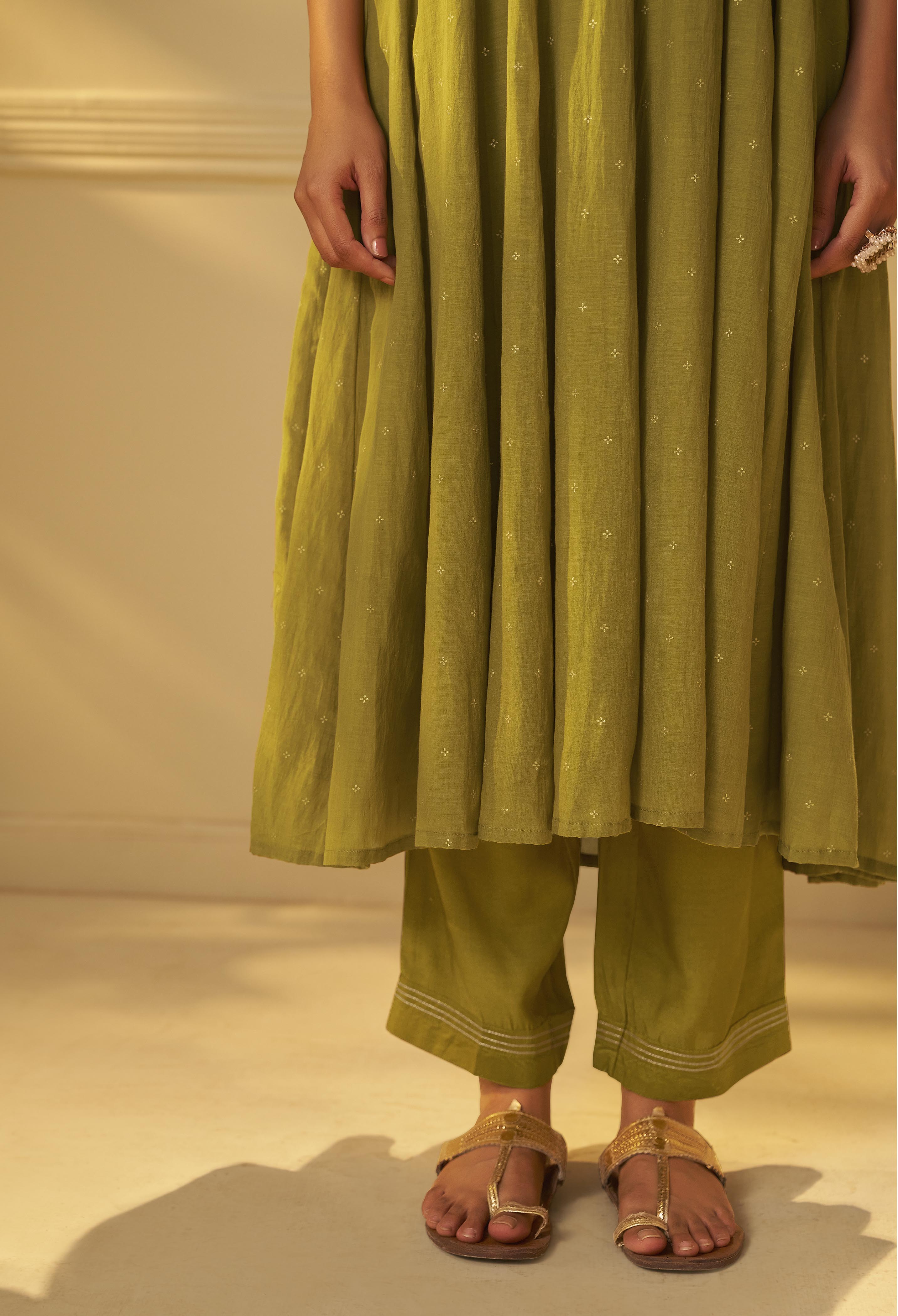 Moss Green Mul Chanderi Embroidery Anarkali Kurta Set