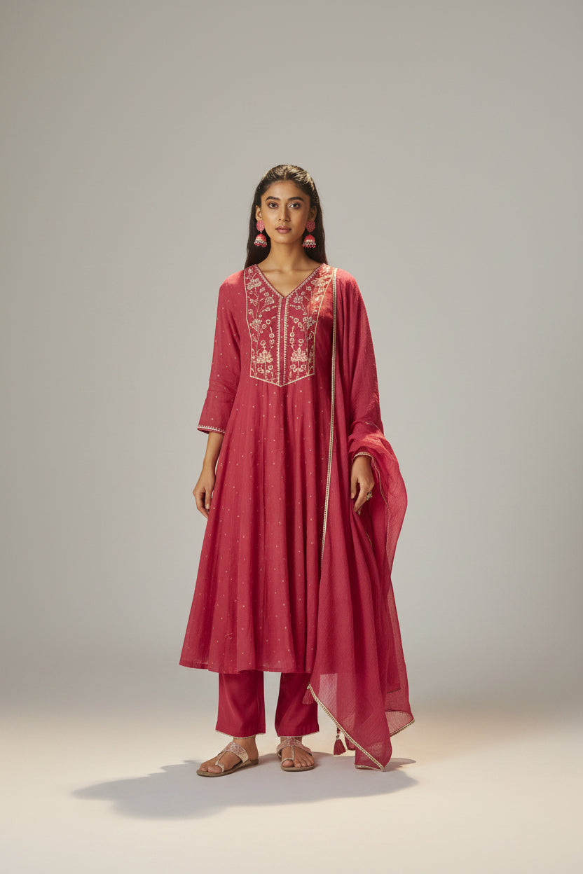 Raspberry Pink Mul Chanderi Embroidery Anarkali Kurta Set