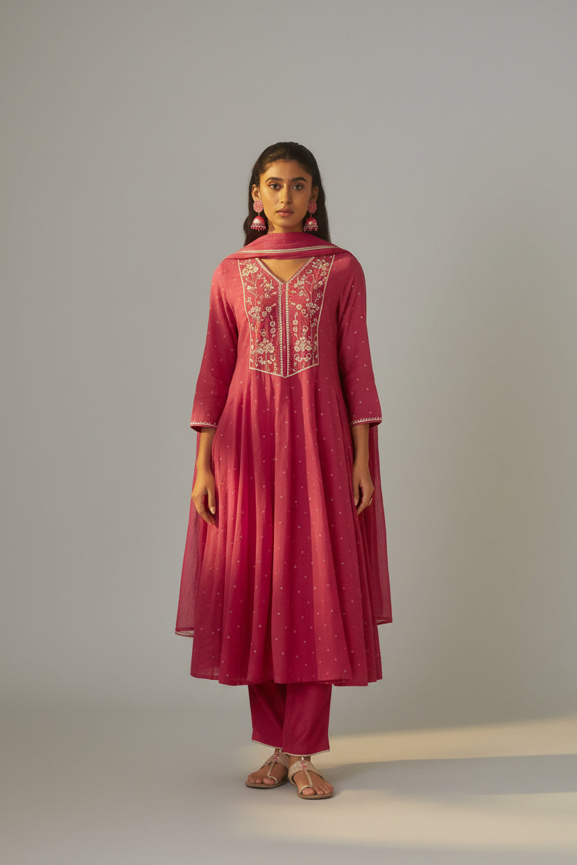 Raspberry Pink Mul Chanderi Embroidery Anarkali Kurta Set